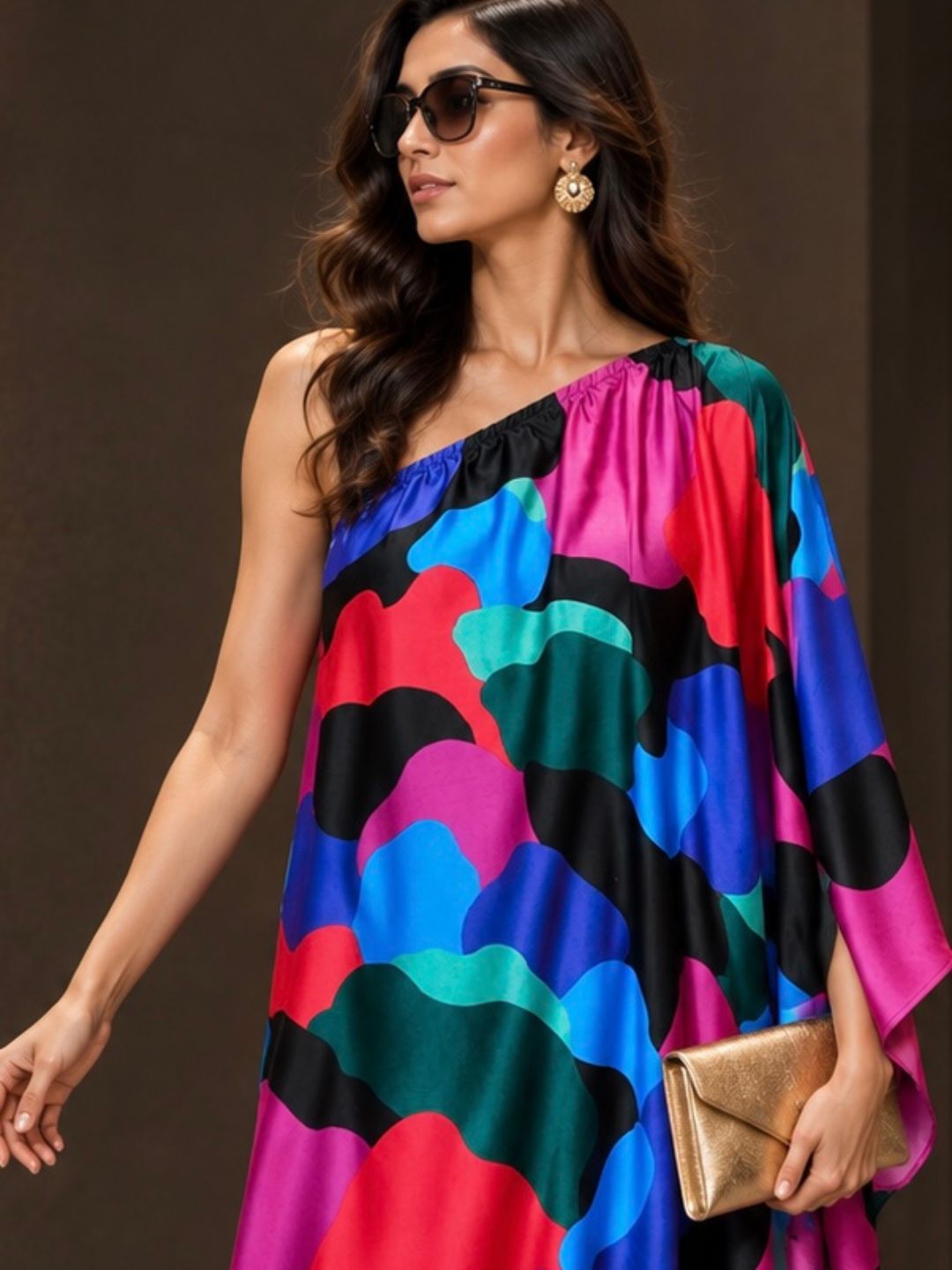 Multicolor Abstract Print Satin Silk Kaftan Dress with One-Shoulder Draped Design