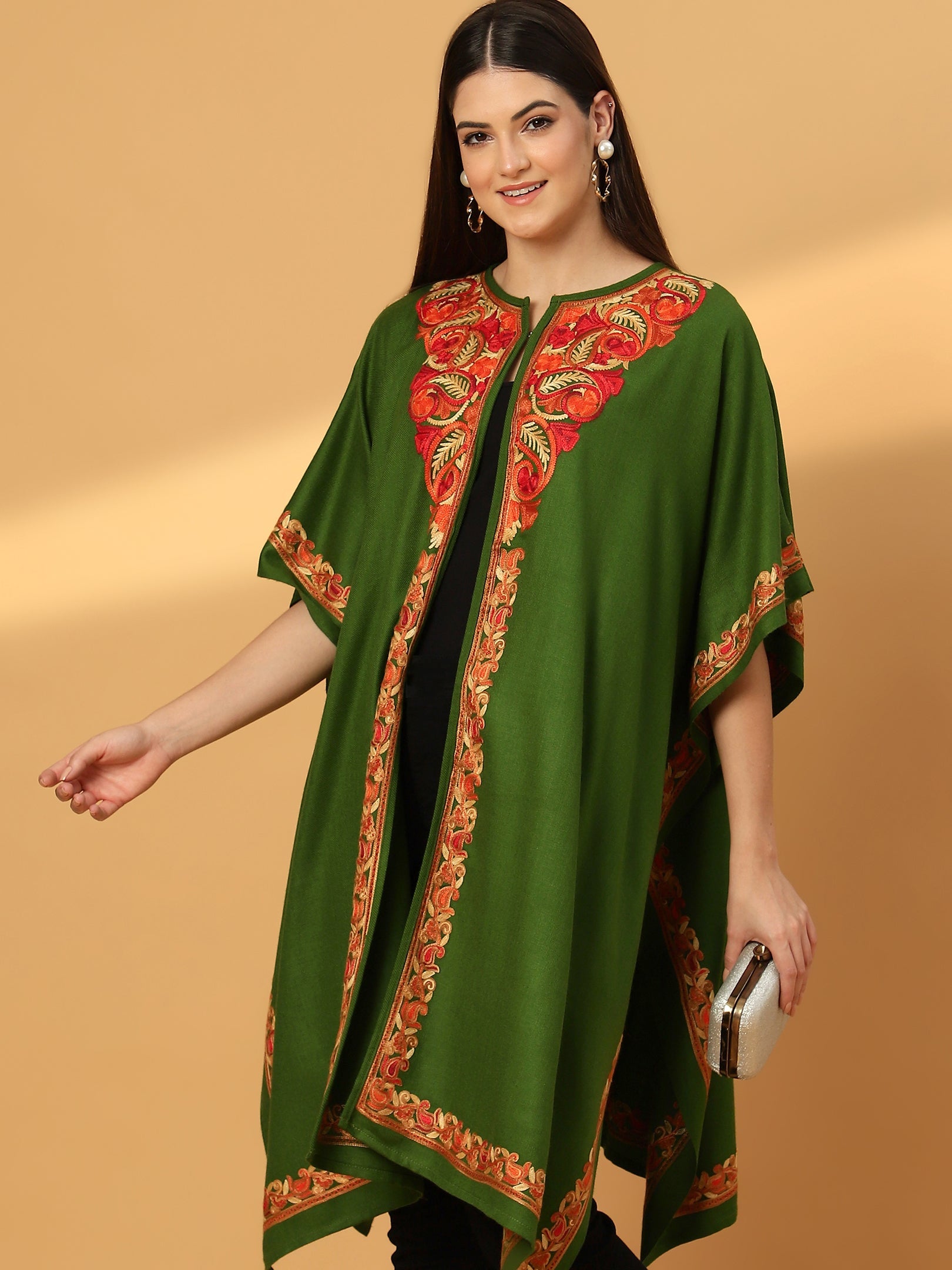 Kashmiri Embroidery Green Pheran Shrug