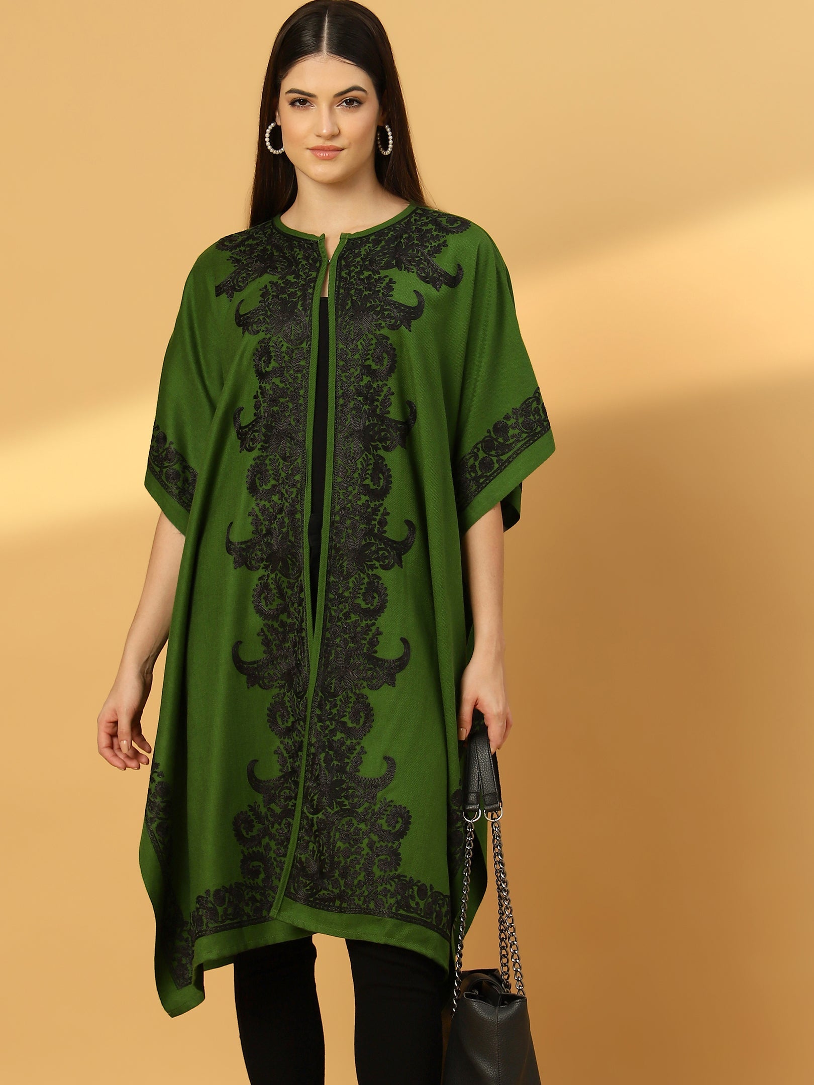 Floral Embroidery Green Pheran Shrug