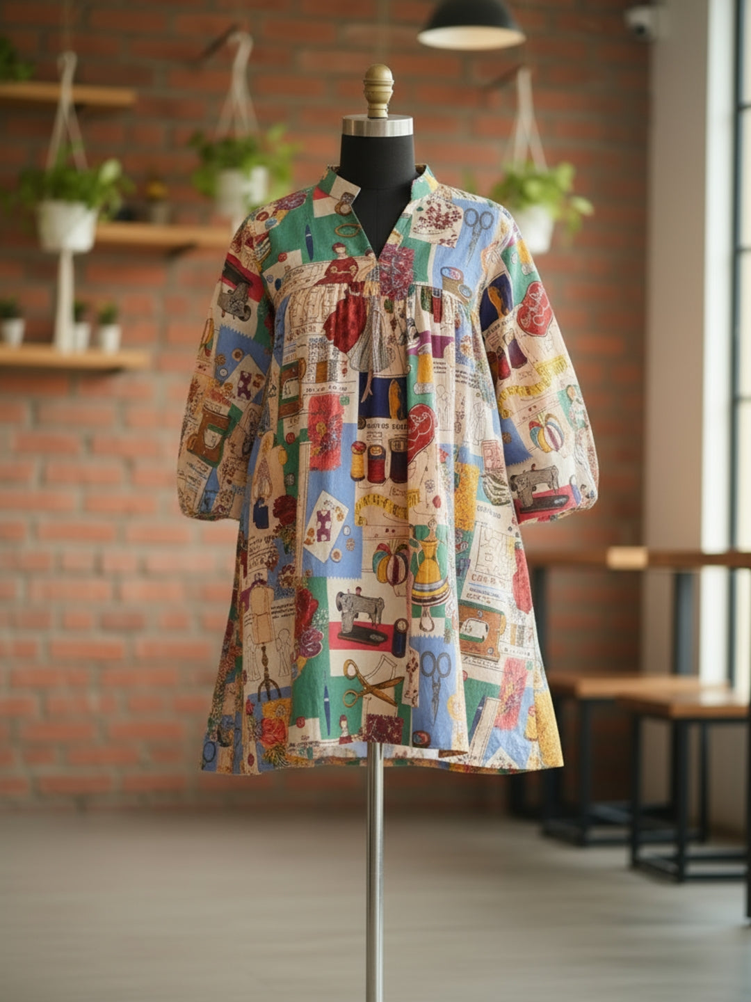 Boho Tailor Print Retro Studio Theme Bell Sleeve Mini Dress for Women - Chic V-Neck Loose Fit A-Line Short Dress with Unique Artistic Print