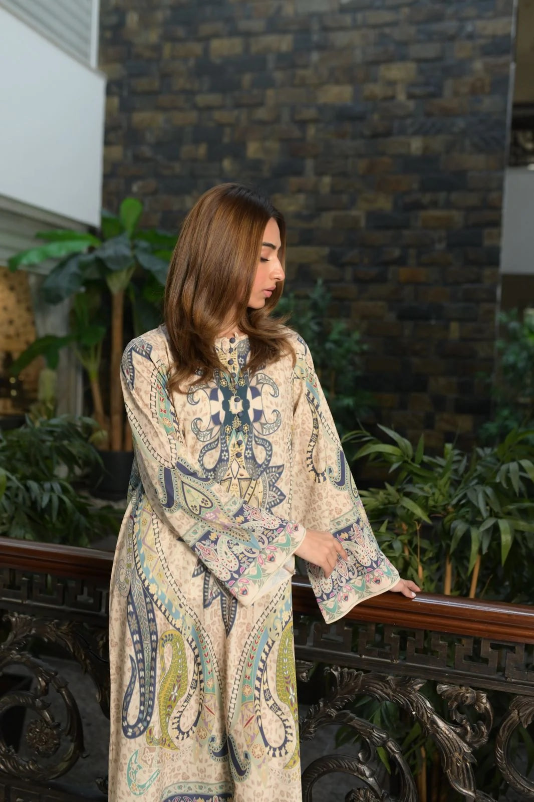 Printed Kaftan Maxi Dress - Beige & Blue Ethnic Print
