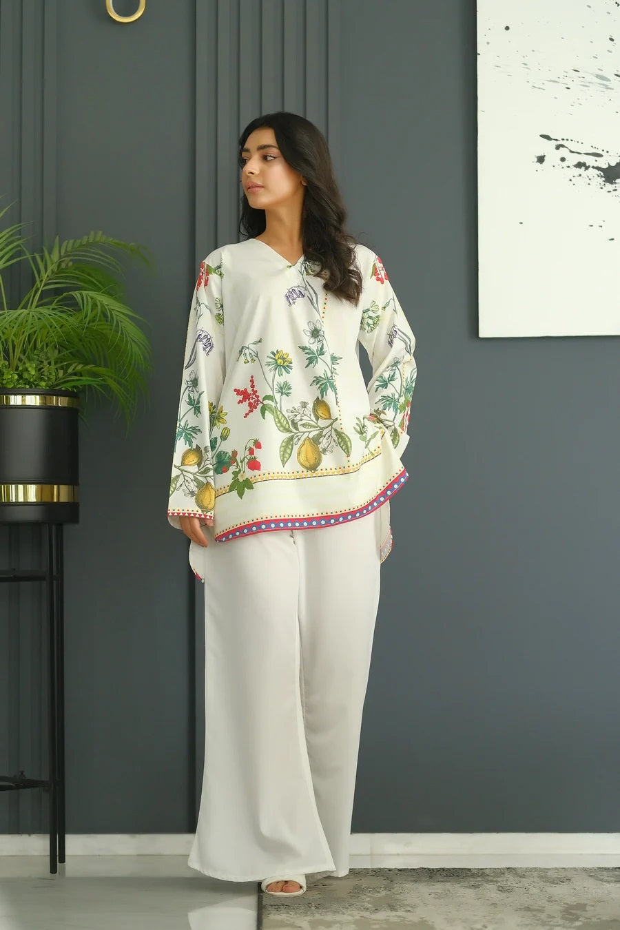 Ivory Botanical Print Tunic with Solid Flared Pants Co-Ord Set