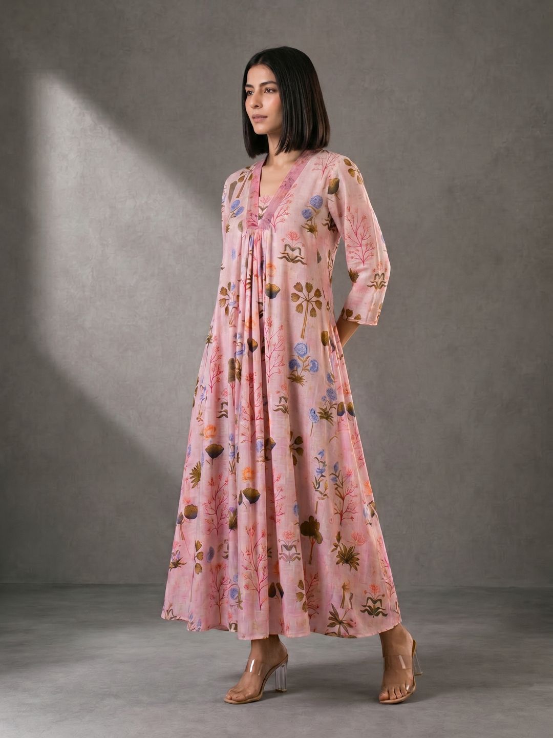 Blush Pink Floral Printed Cotton Maxi Dress for Women
