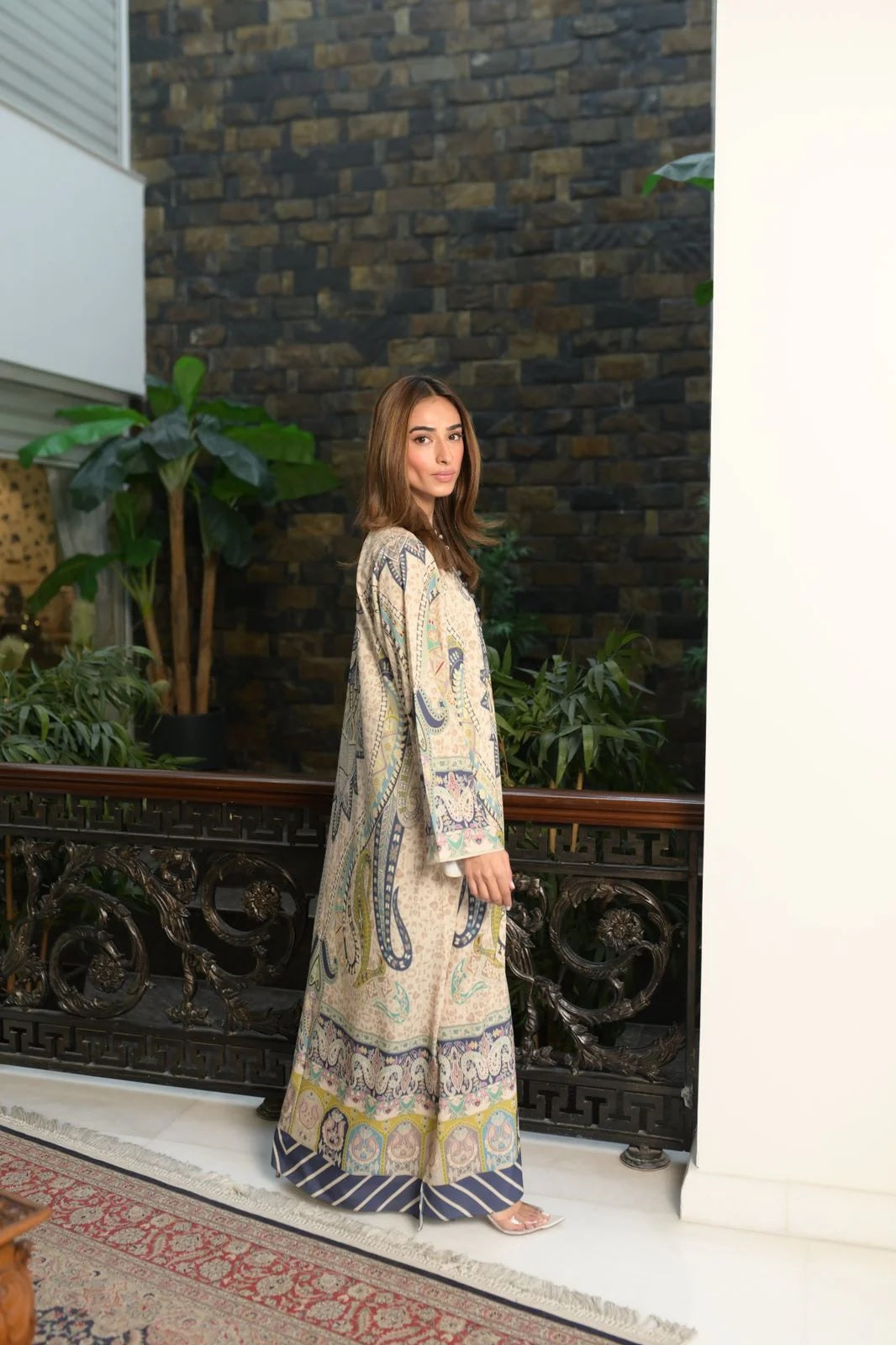 Printed Kaftan Maxi Dress - Beige & Blue Ethnic Print