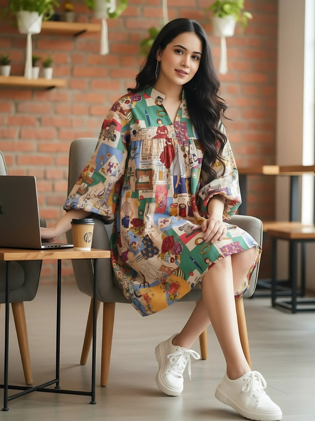 Boho Tailor Print Retro Studio Theme Bell Sleeve Mini Dress for Women - Chic V-Neck Loose Fit A-Line Short Dress with Unique Artistic Print