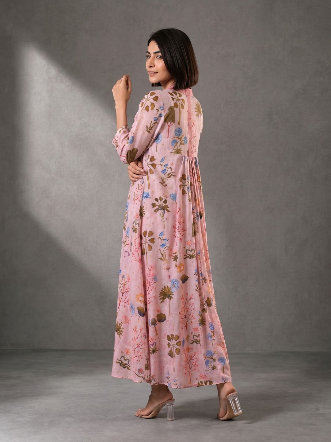 Blush Pink Floral Printed Cotton Maxi Dress for Women
