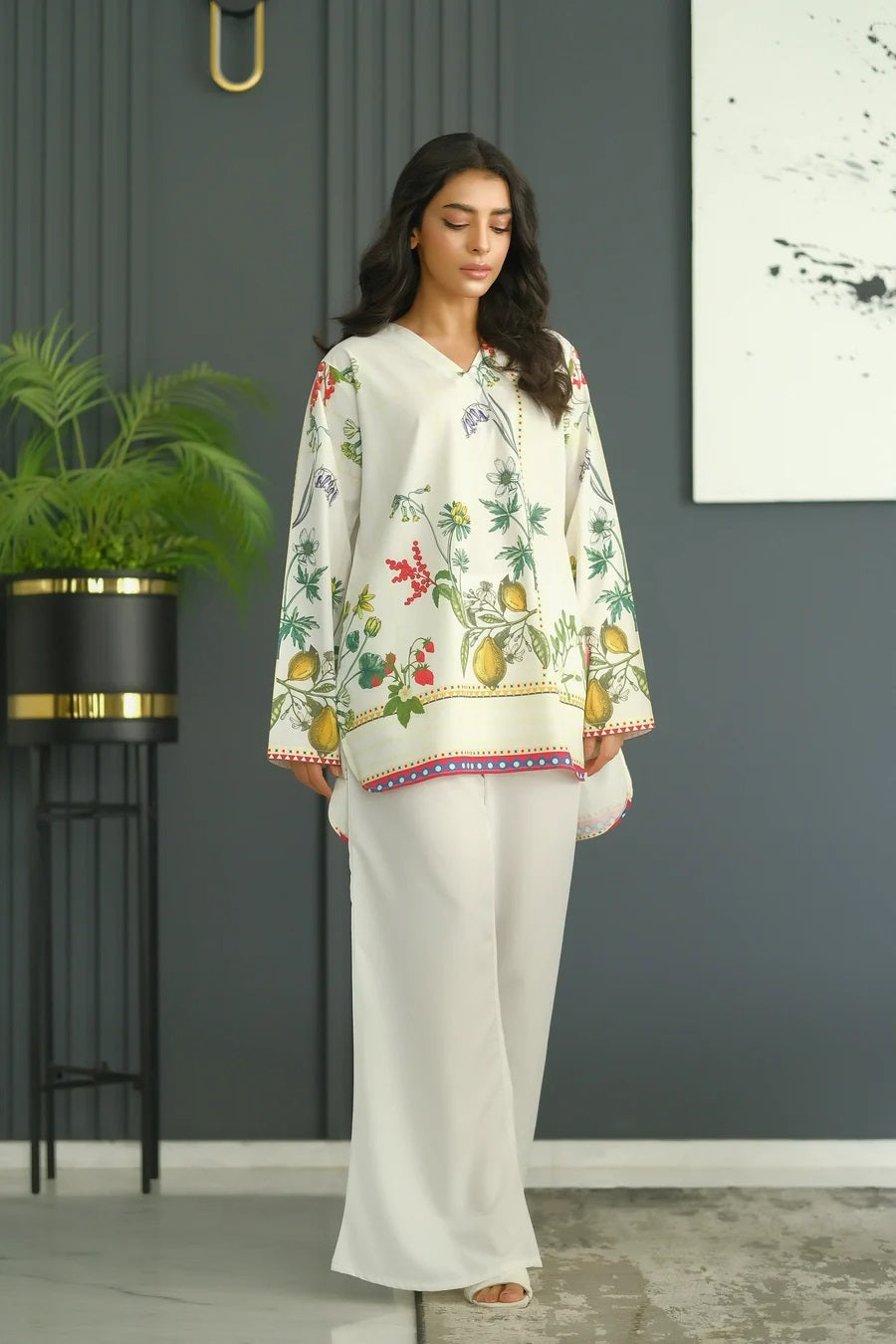 Ivory Botanical Print Tunic with Solid Flared Pants Co-Ord Set