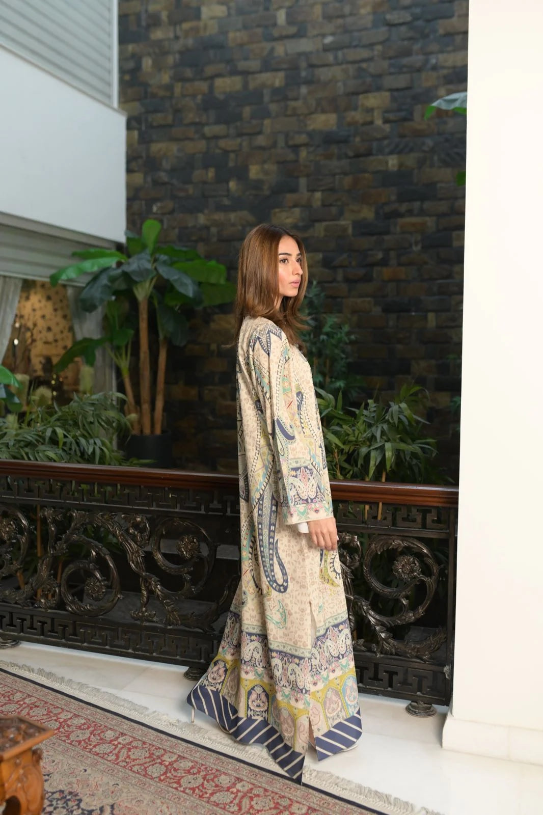 Printed Kaftan Maxi Dress - Beige & Blue Ethnic Print