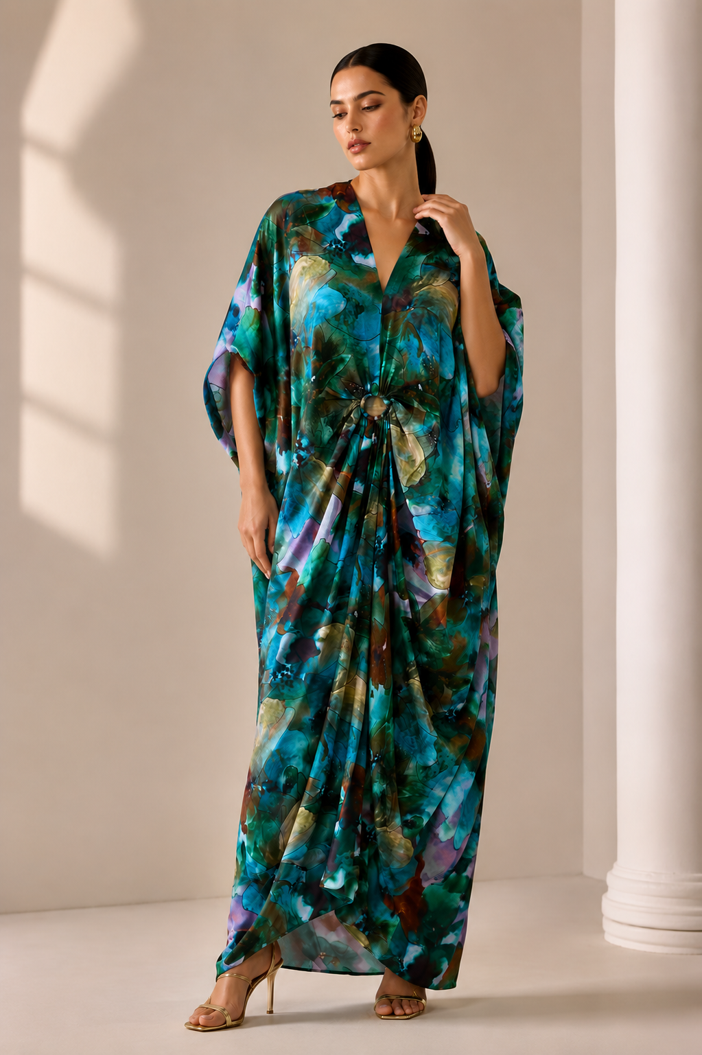 Emerald Bloom Printed Kaftan Maxi Dress with Ring Detail