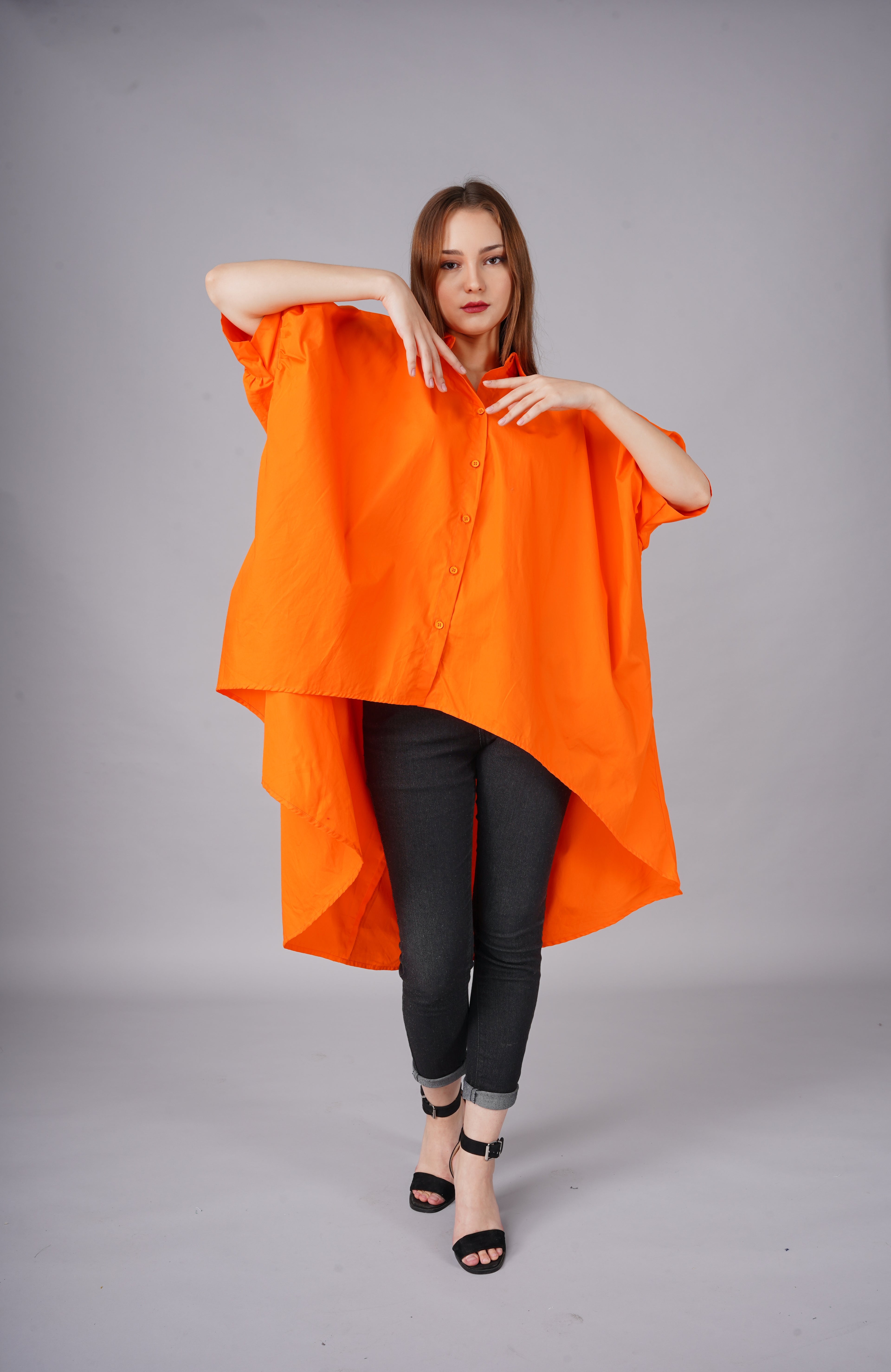 Oversized Blue High-Low Tunic Shirt for Women - Asymmetrical Button-Down Top for a Modern, Edgy Look
