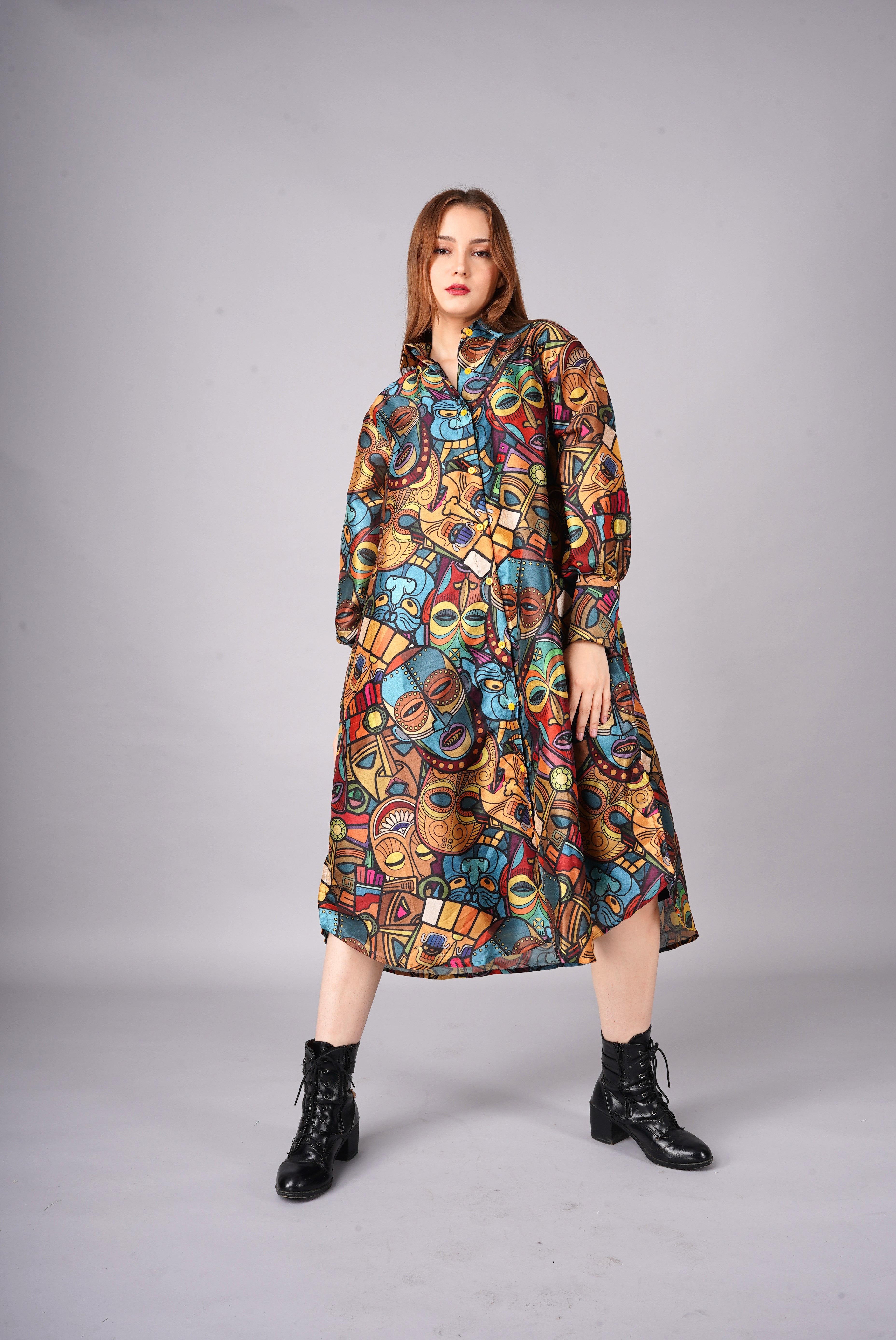 Tropical Face Printed Mango Silk long shirt