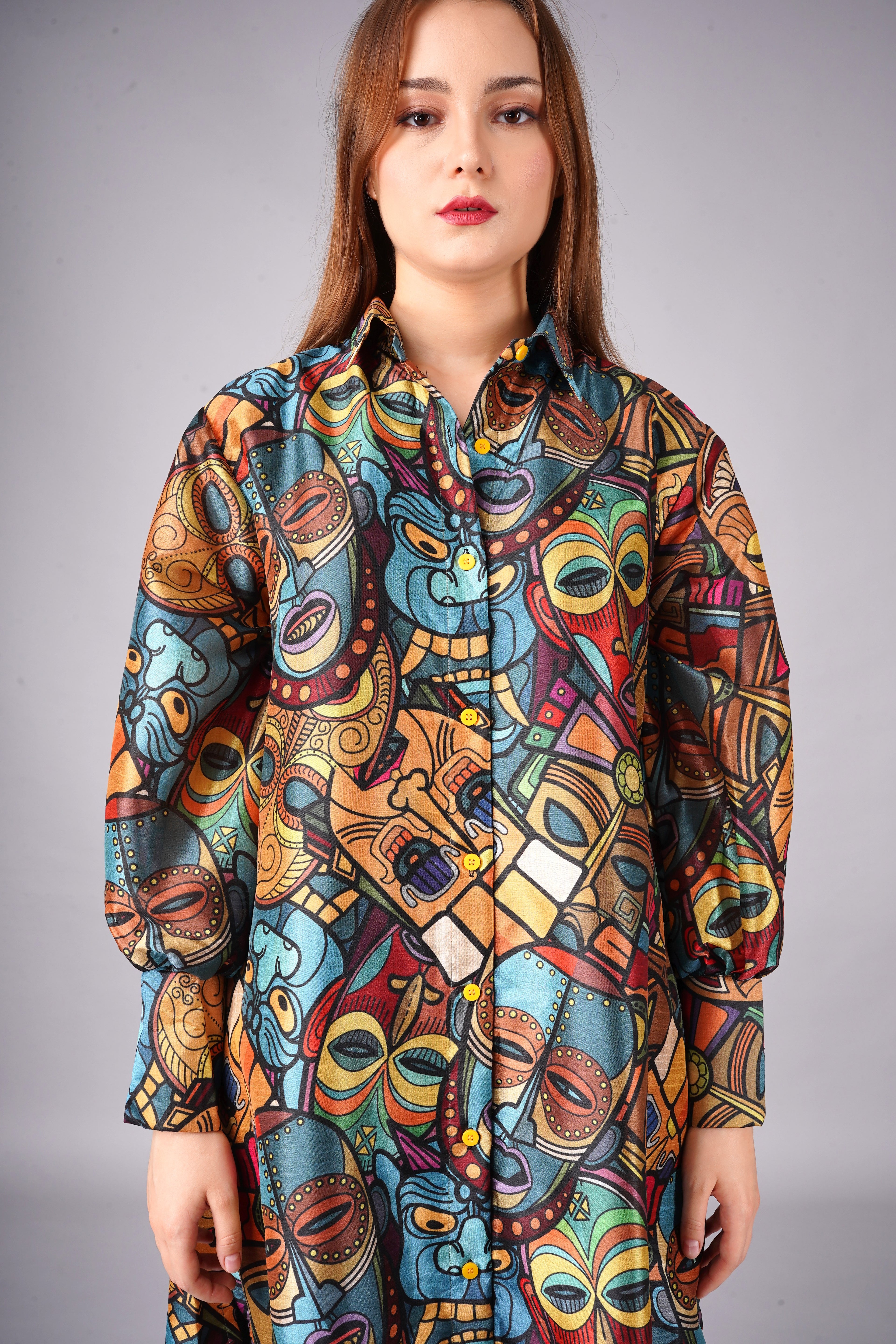 Tropical Face Printed Mango Silk long shirt