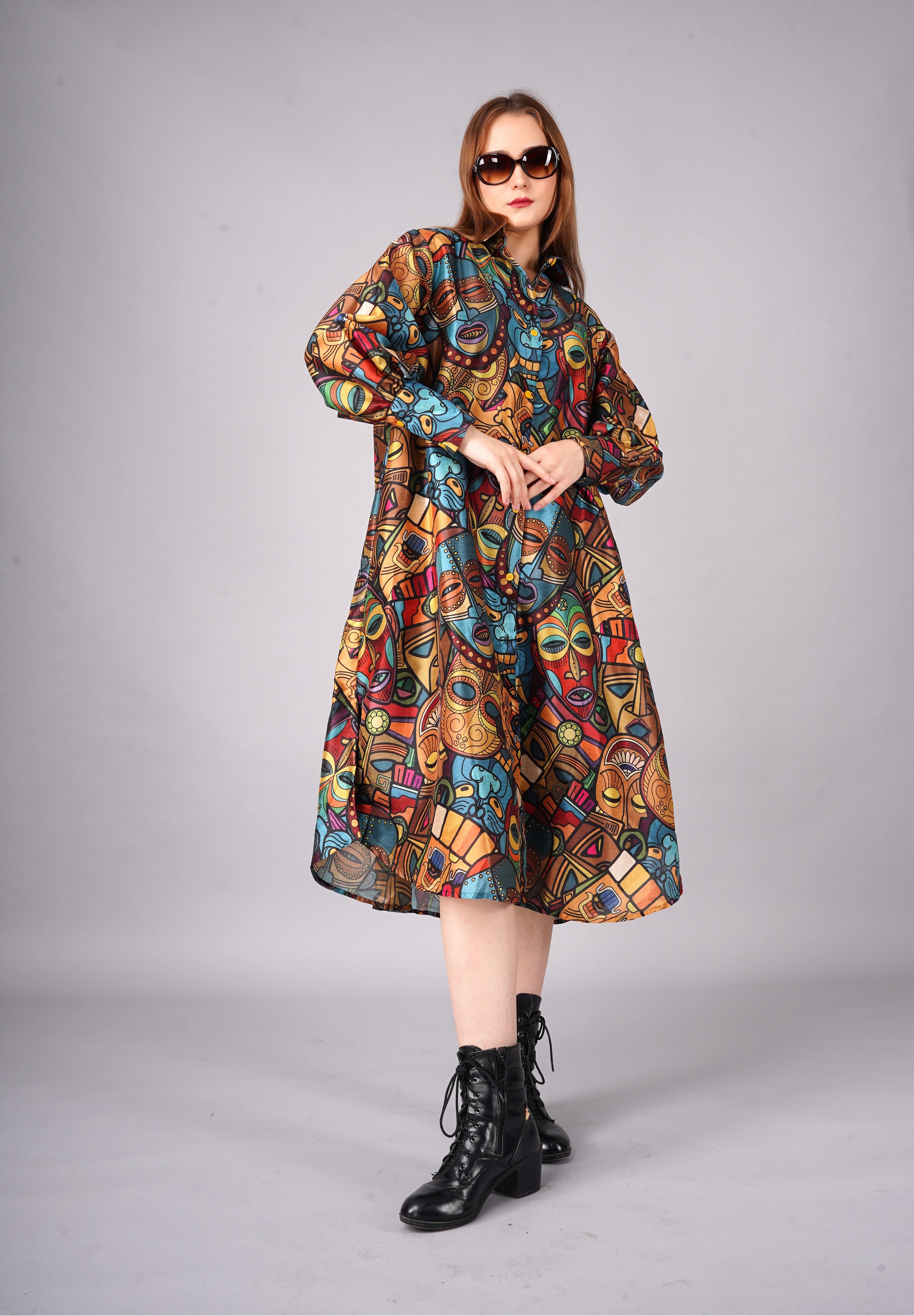 Tropical Face Printed Mango Silk long shirt