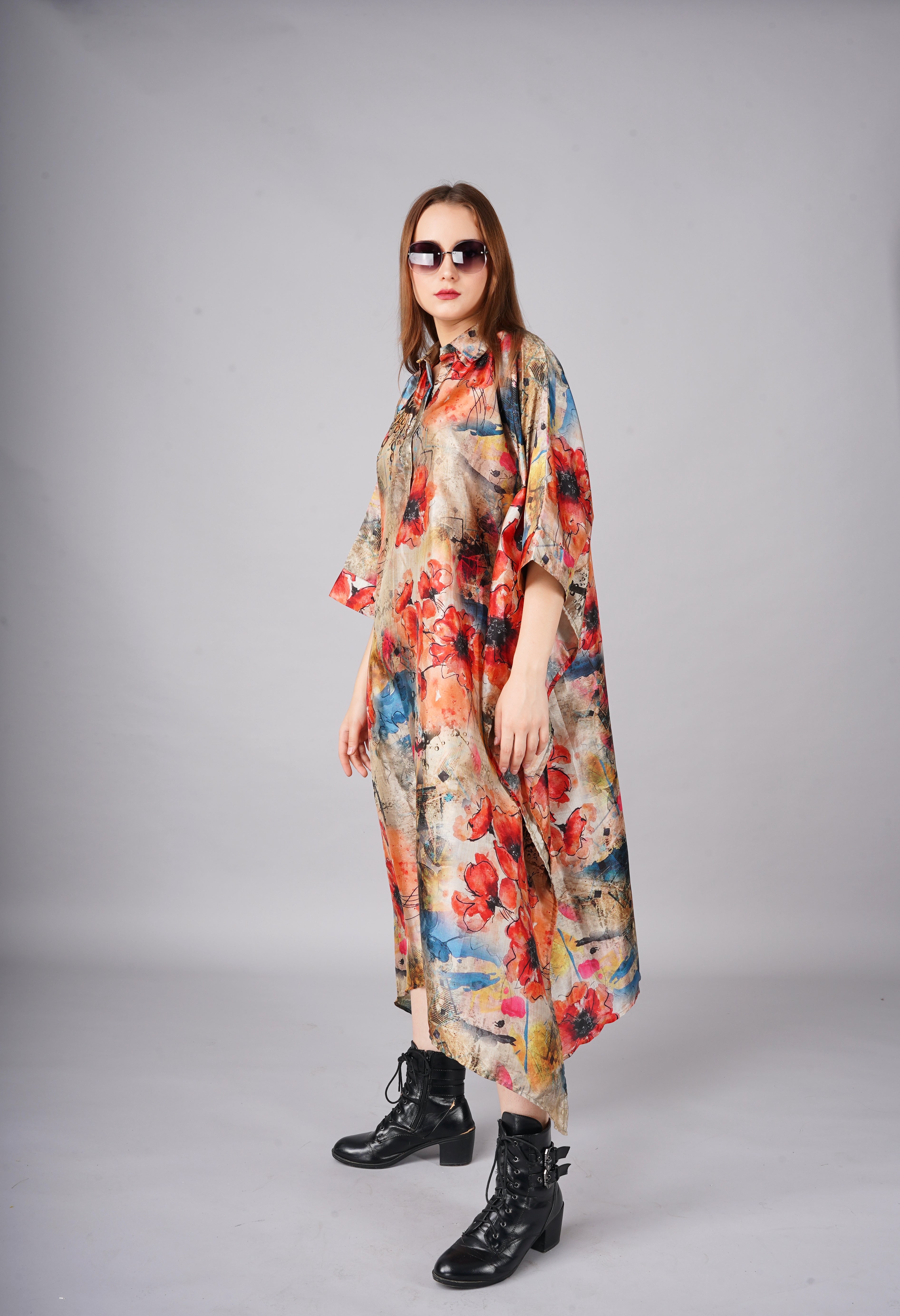 Bohemian Floral Print Silk Caftan Dress with Straw Hat & Combat Boots - Stylish & Comfortable Resort Wear for Women