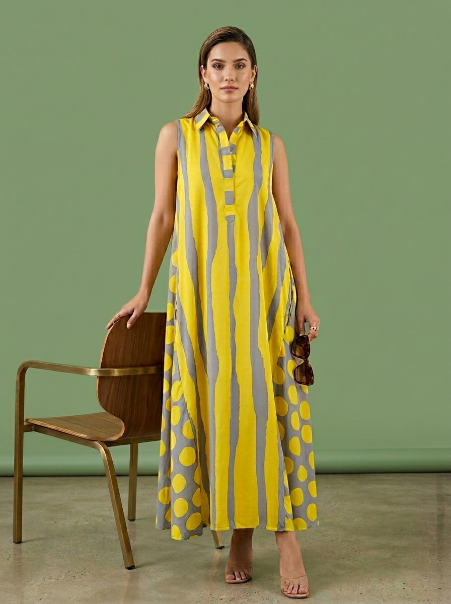 Yellow & Grey Abstract Stripe and Polka Dot Print Sleeveless Maxi Dress