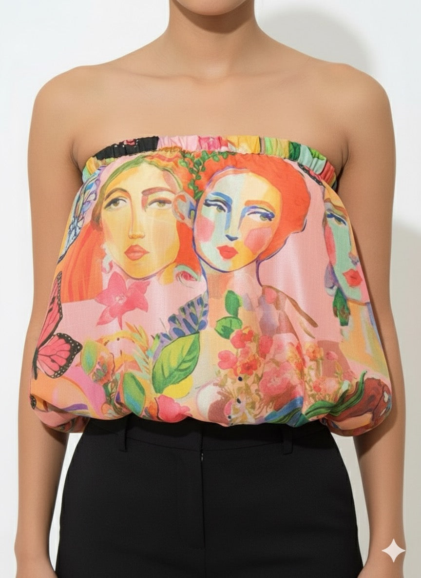 Strapless Muse Balloon Hem Top – Women’s Abstract Face & Floral Print Tube Top