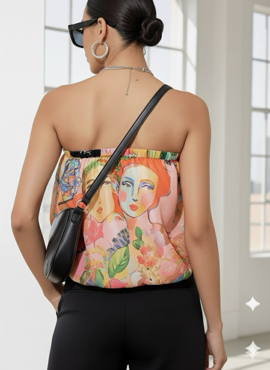 Strapless Muse Balloon Hem Top – Women’s Abstract Face & Floral Print Tube Top
