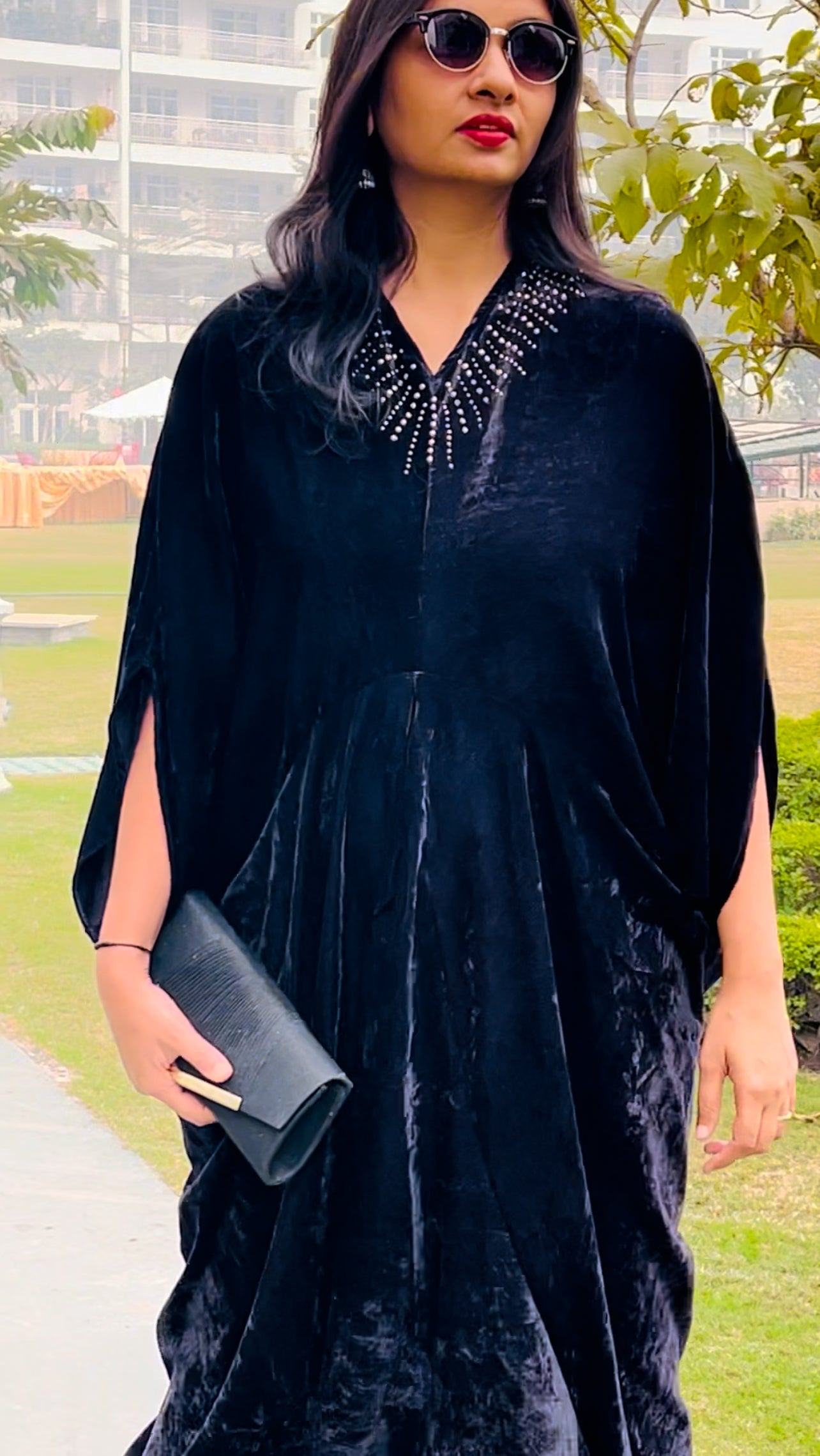 Beautiful Long Velvet Dress embellished with detailed stone Embroidery