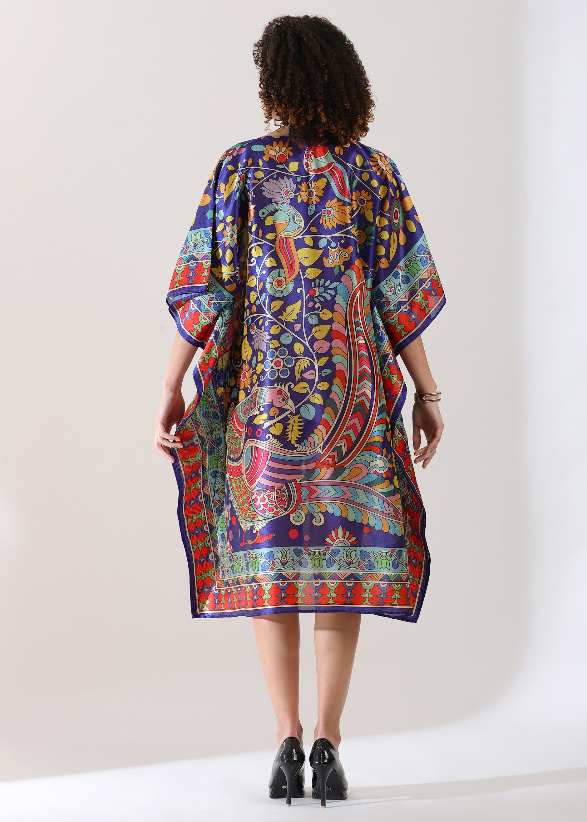 Bohemian Paisley & Floral Print Kaftan Dress - Navy Blue Multi-Color Tunic