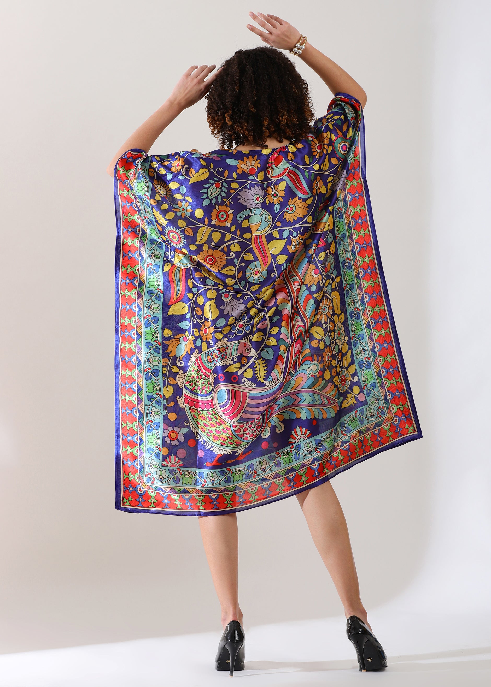 Bohemian Paisley & Floral Print Kaftan Dress - Navy Blue Multi-Color Tunic