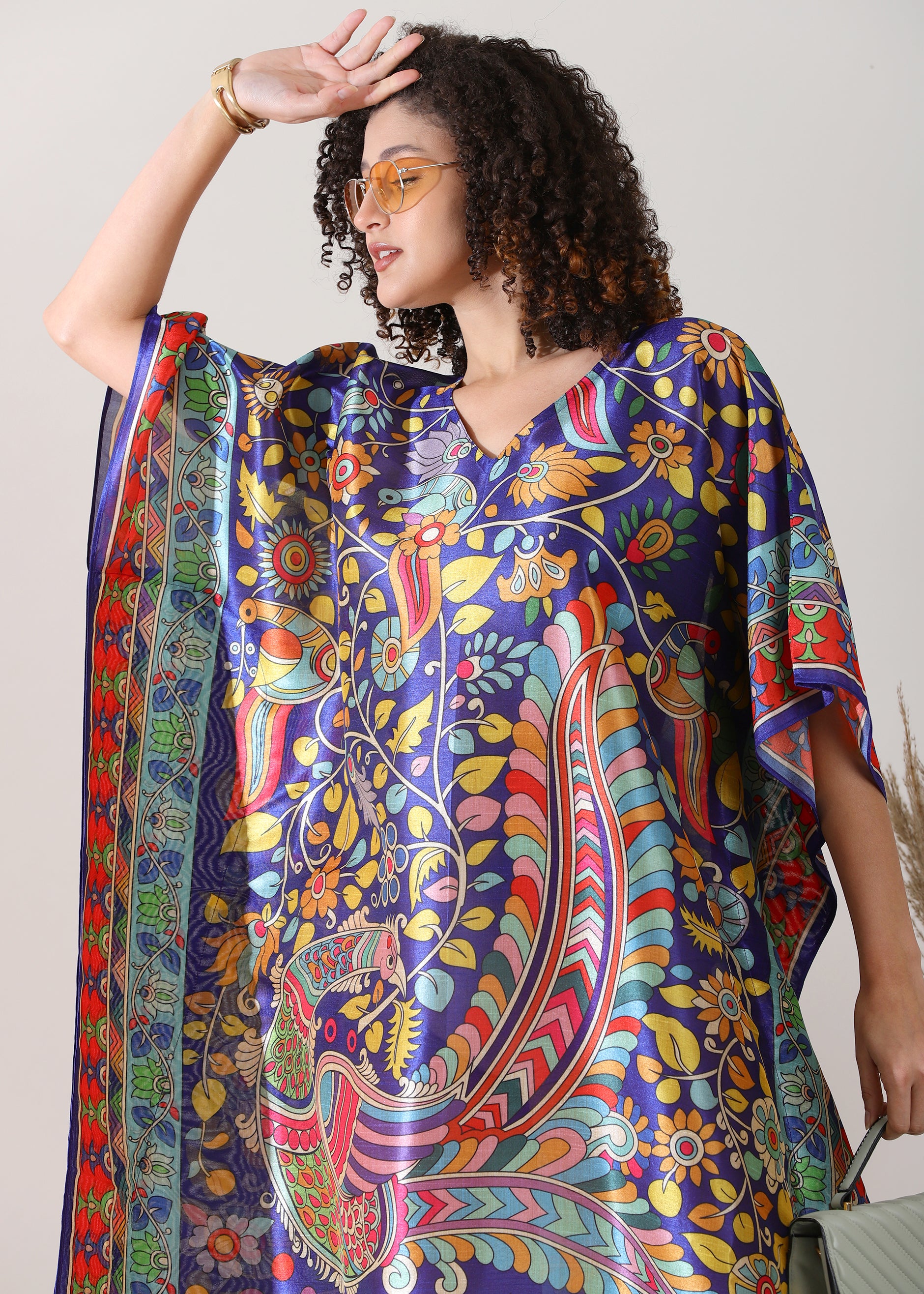 Bohemian Paisley & Floral Print Kaftan Dress - Navy Blue Multi-Color Tunic