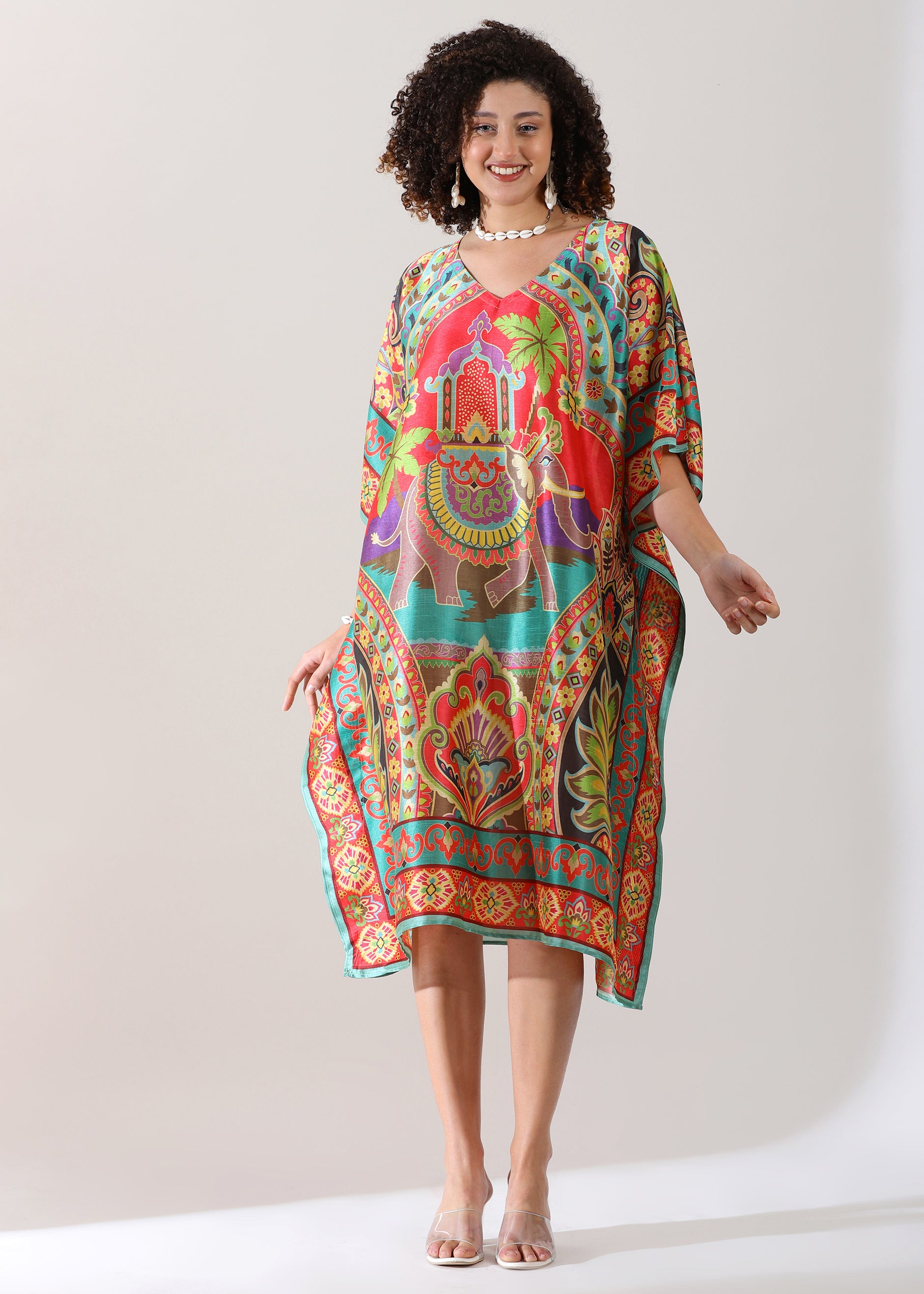 Madhubani Printed Kaftan: Viscose Silk, Calf Length, Free Size - Stylish & Chic for Women, Eastern Blue with Red Base