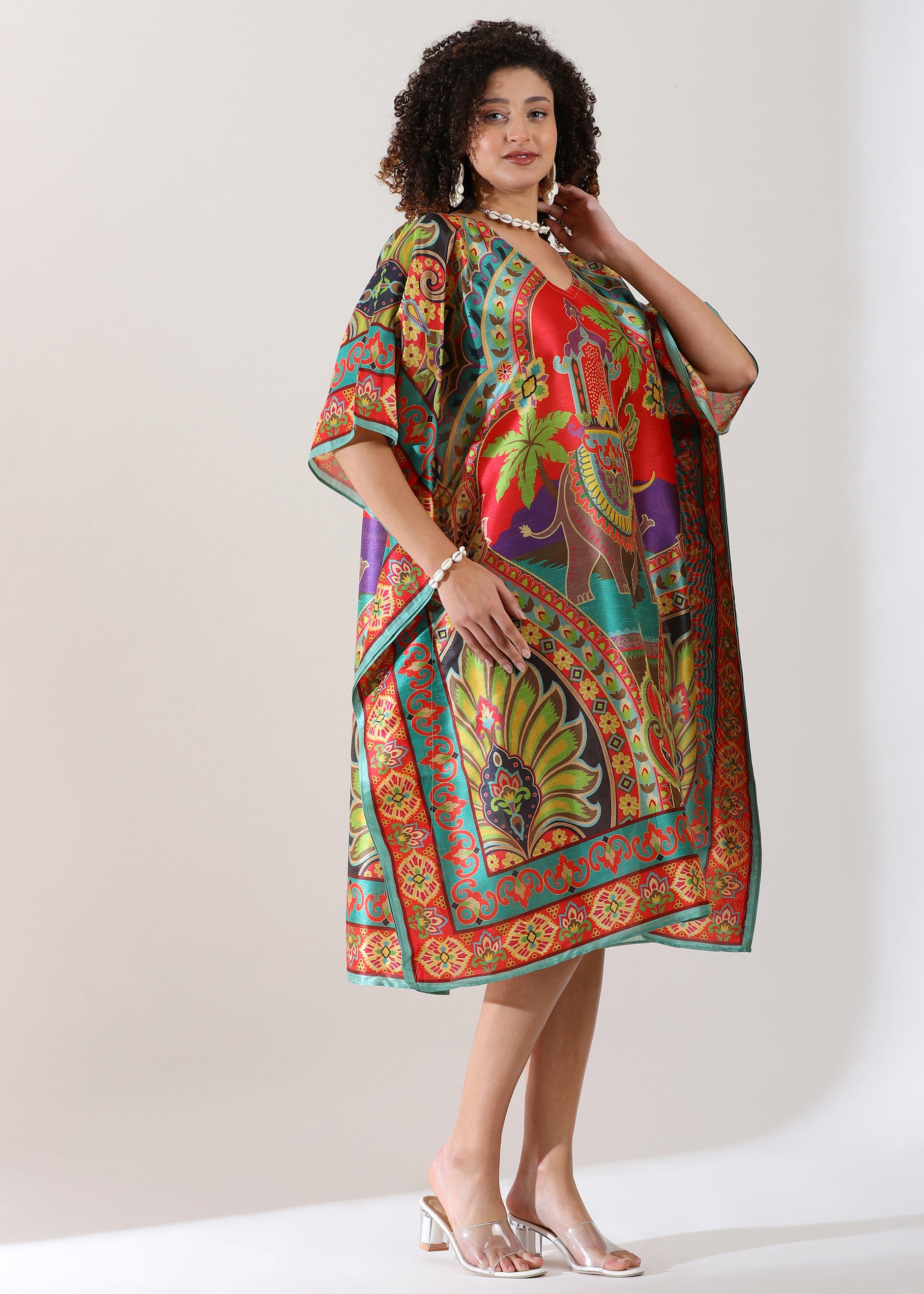 Madhubani Printed Kaftan: Viscose Silk, Calf Length, Free Size - Stylish & Chic for Women, Eastern Blue with Red Base
