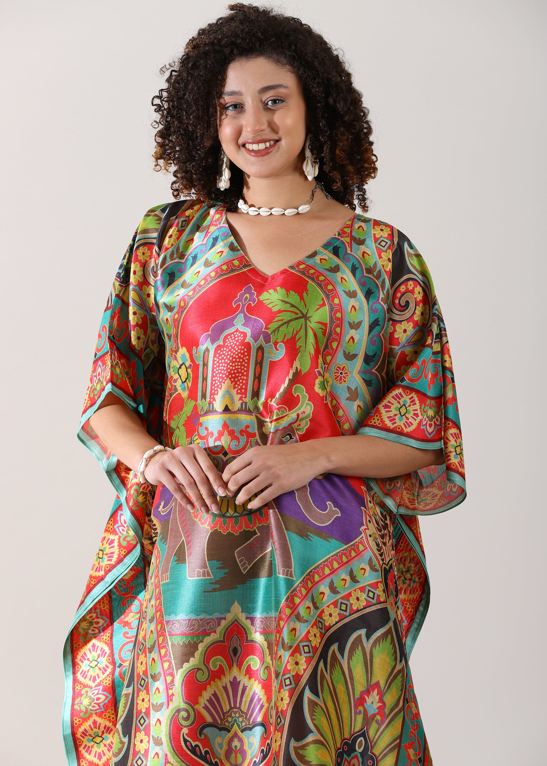 Madhubani Printed Kaftan: Viscose Silk, Calf Length, Free Size - Stylish & Chic for Women, Eastern Blue with Red Base