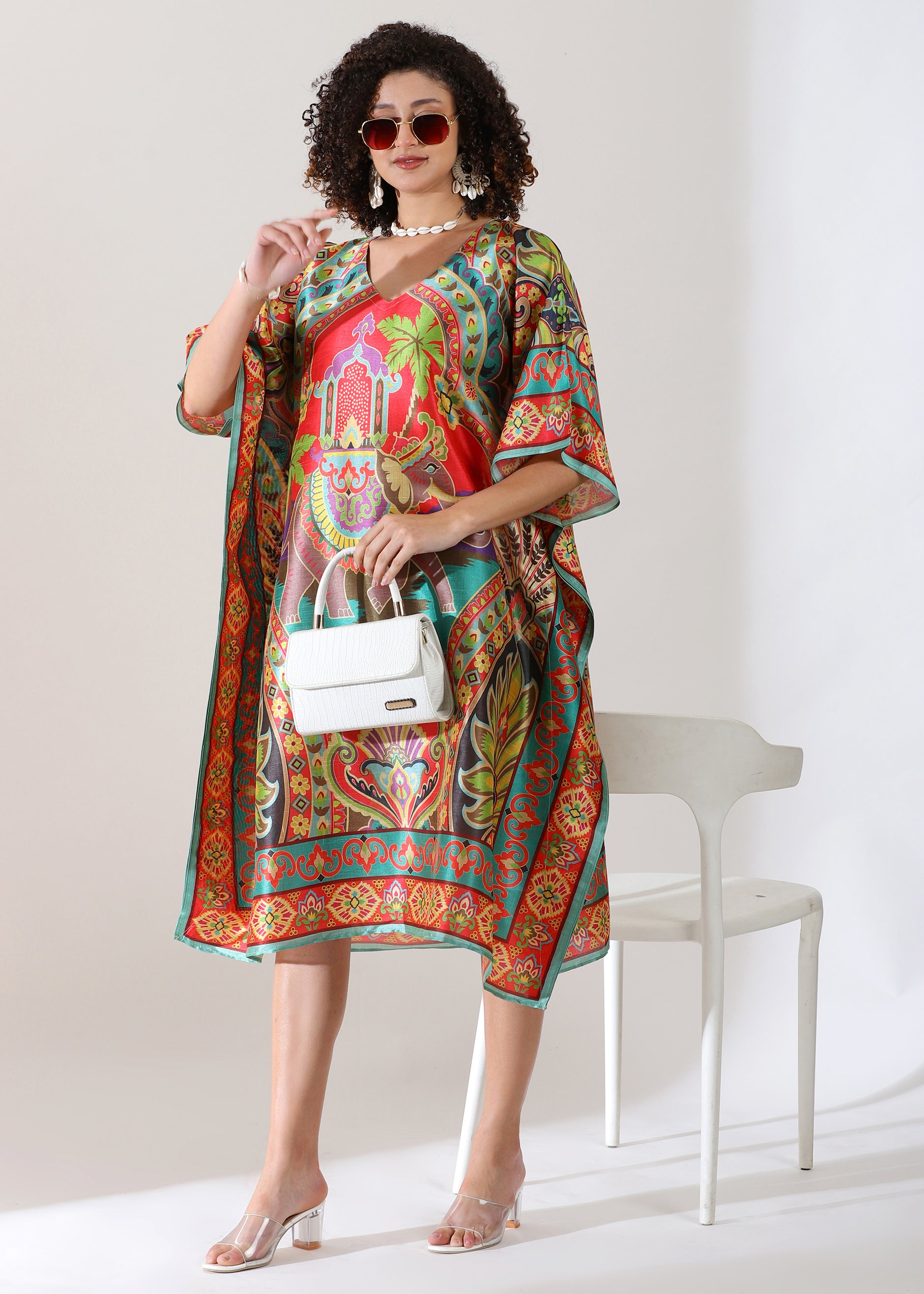 Madhubani Printed Kaftan: Viscose Silk, Calf Length, Free Size - Stylish & Chic for Women, Eastern Blue with Red Base