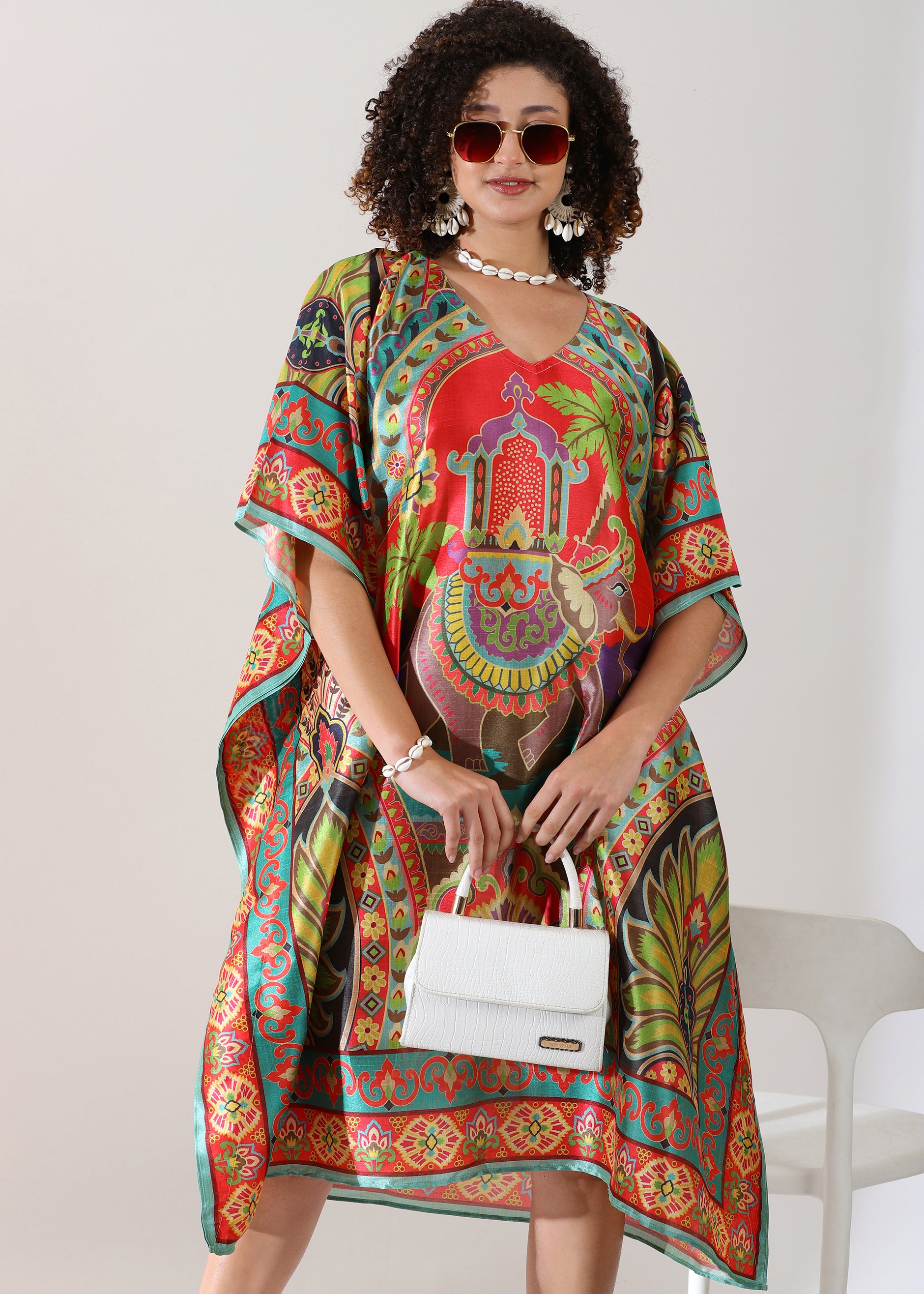 Madhubani Printed Kaftan: Viscose Silk, Calf Length, Free Size - Stylish & Chic for Women, Eastern Blue with Red Base