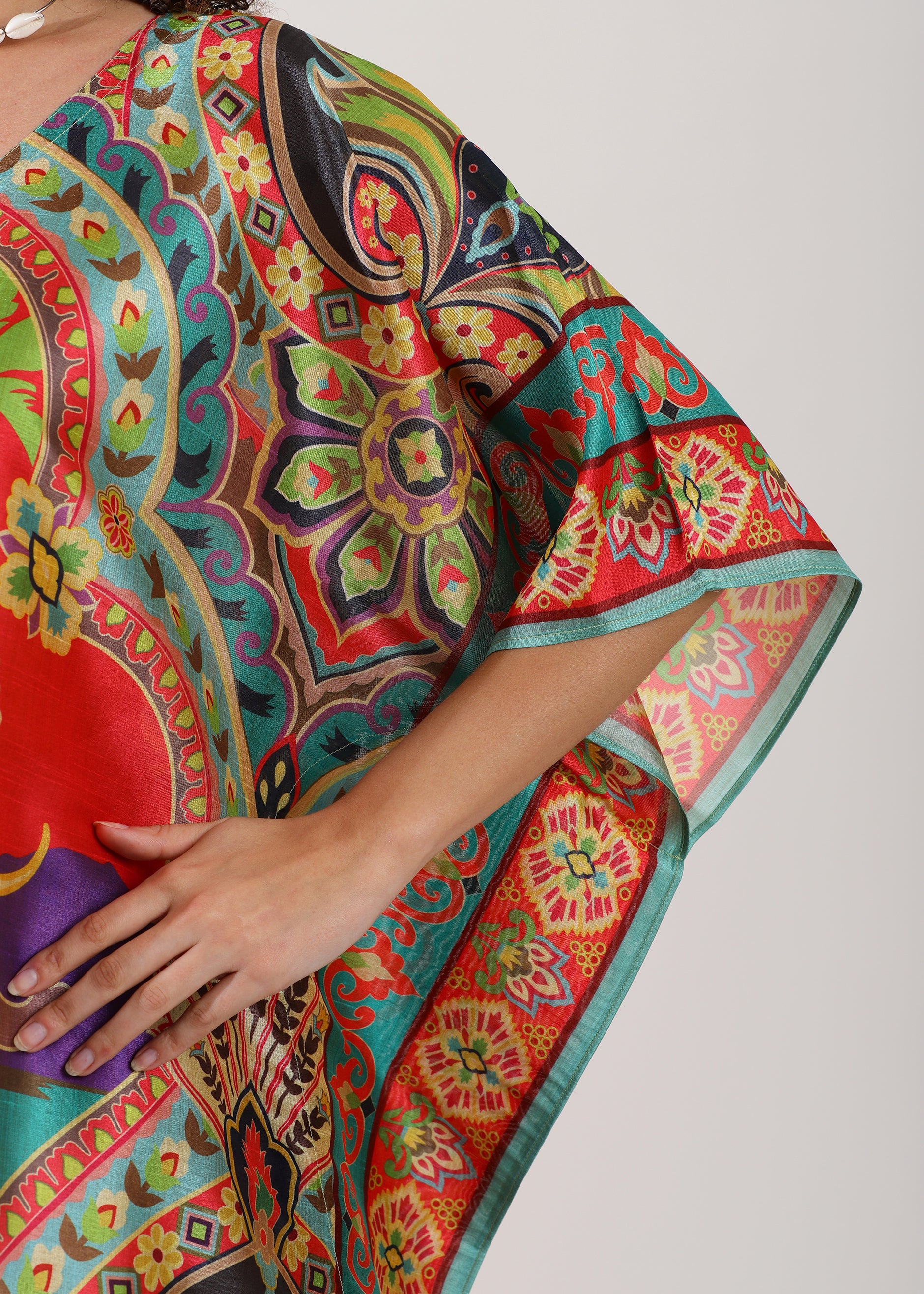 Madhubani Printed Kaftan: Viscose Silk, Calf Length, Free Size - Stylish & Chic for Women, Eastern Blue with Red Base