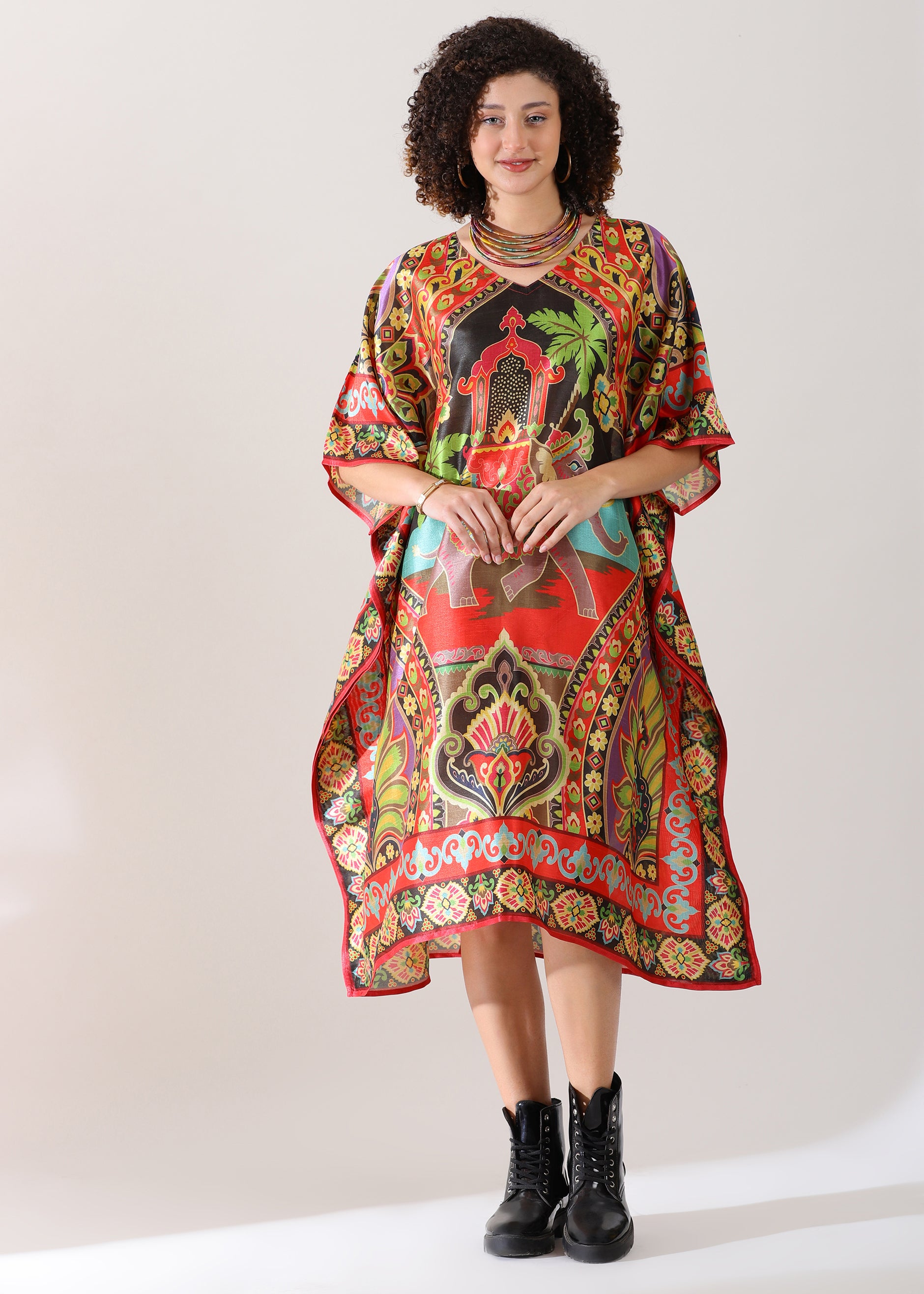 Madhubani Printed Kaftan: Viscose Silk, Calf Length, Free Size - Stylish & Chic for Women,Red and Green Base