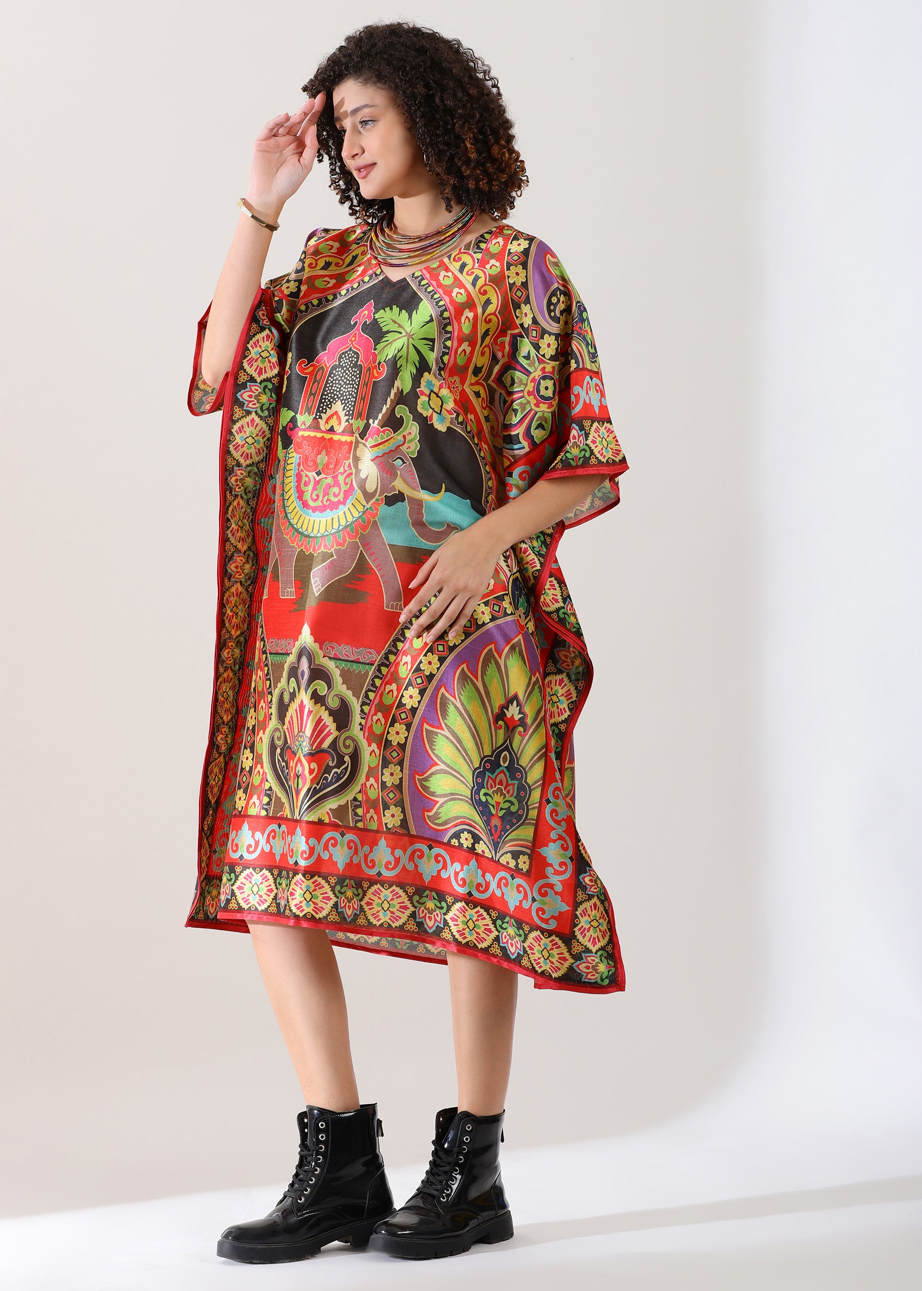Madhubani Printed Kaftan: Viscose Silk, Calf Length, Free Size - Stylish & Chic for Women,Red and Green Base