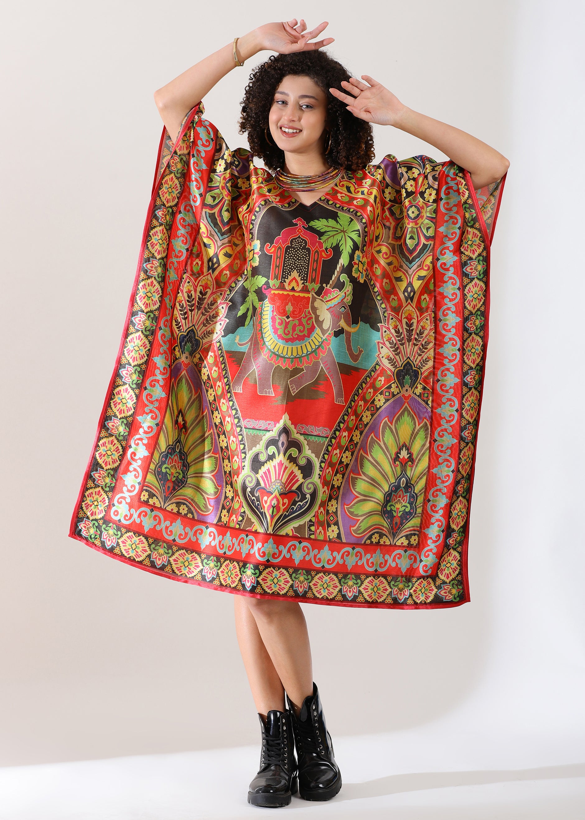 Madhubani Printed Kaftan: Viscose Silk, Calf Length, Free Size - Stylish & Chic for Women,Red and Green Base