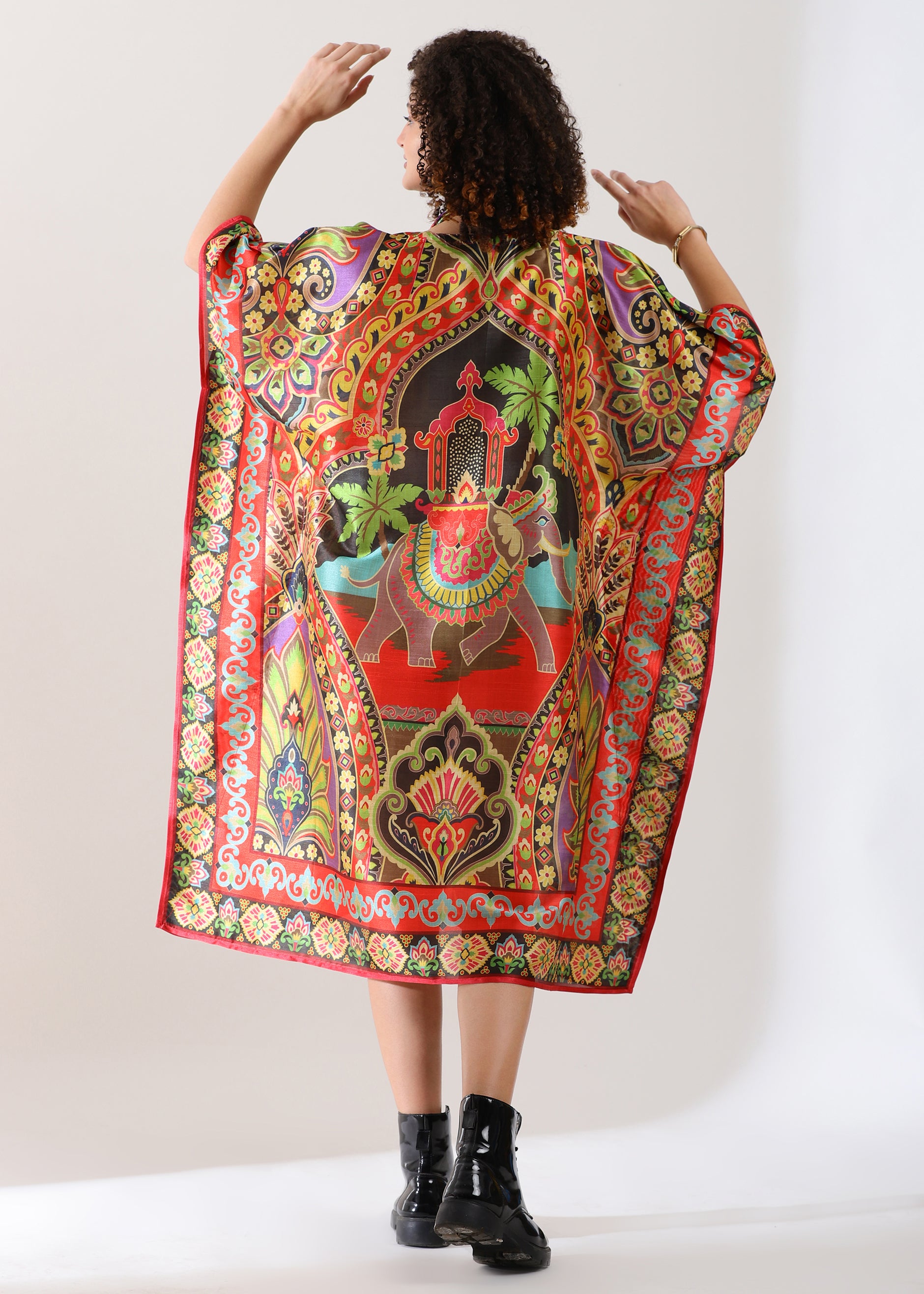 Madhubani Printed Kaftan: Viscose Silk, Calf Length, Free Size - Stylish & Chic for Women,Red and Green Base