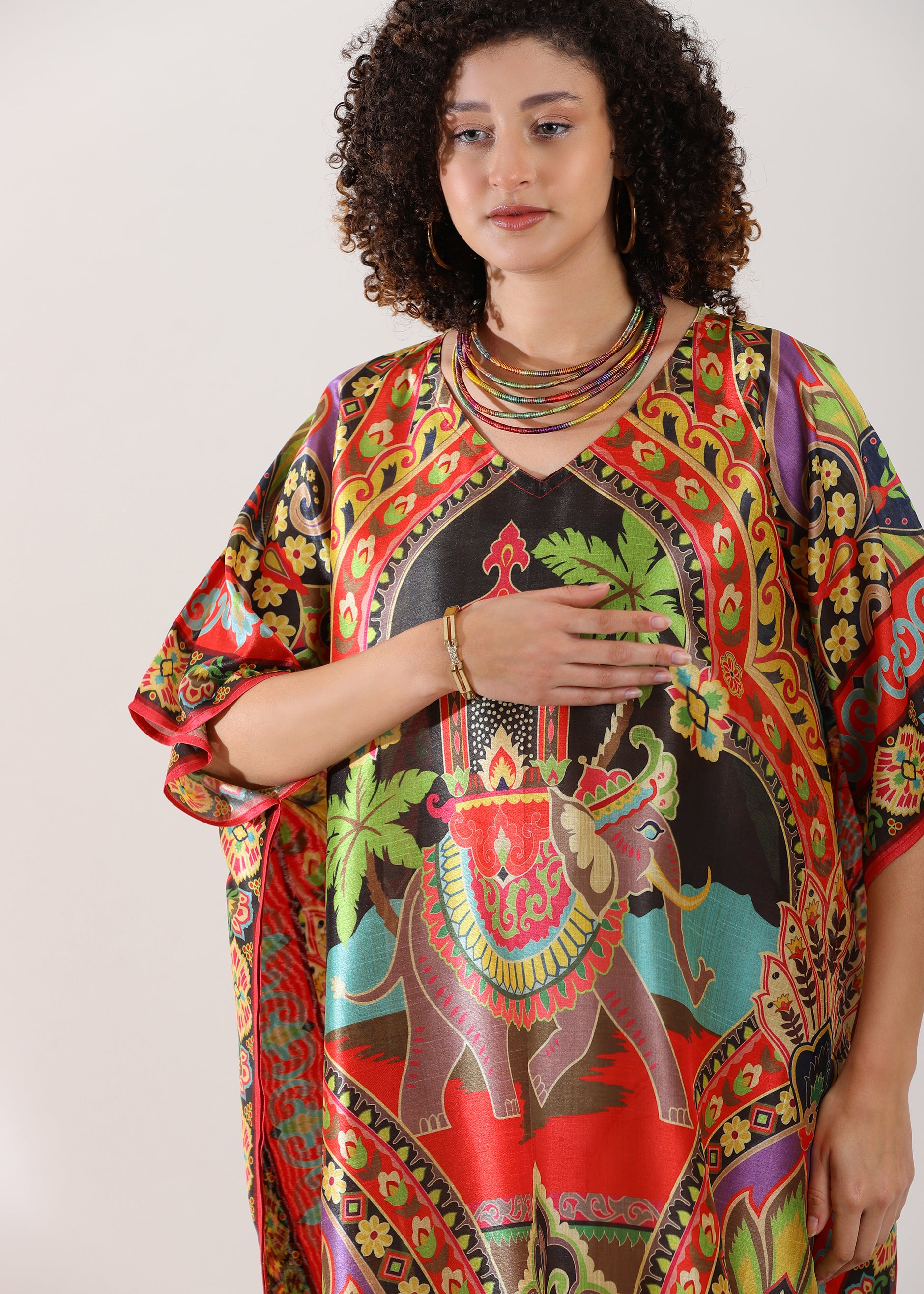 Madhubani Printed Kaftan: Viscose Silk, Calf Length, Free Size - Stylish & Chic for Women,Red and Green Base