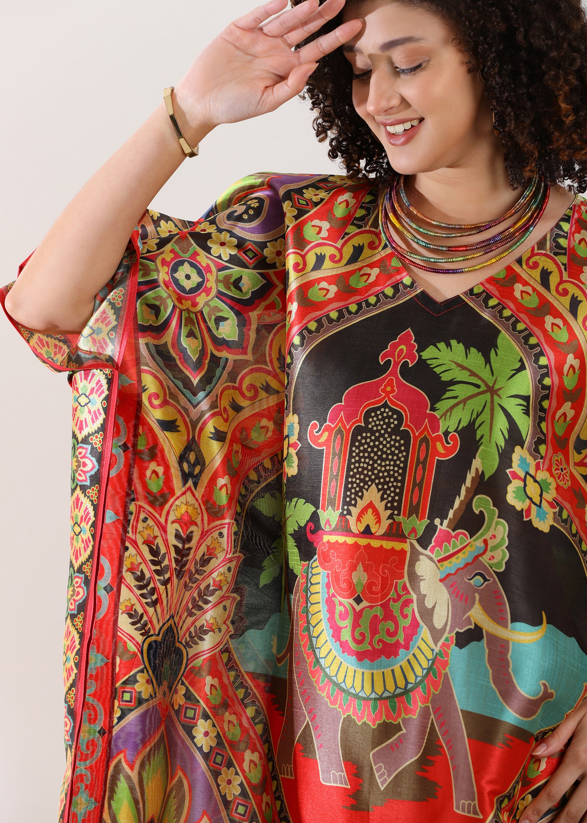 Madhubani Printed Kaftan: Viscose Silk, Calf Length, Free Size - Stylish & Chic for Women,Red and Green Base