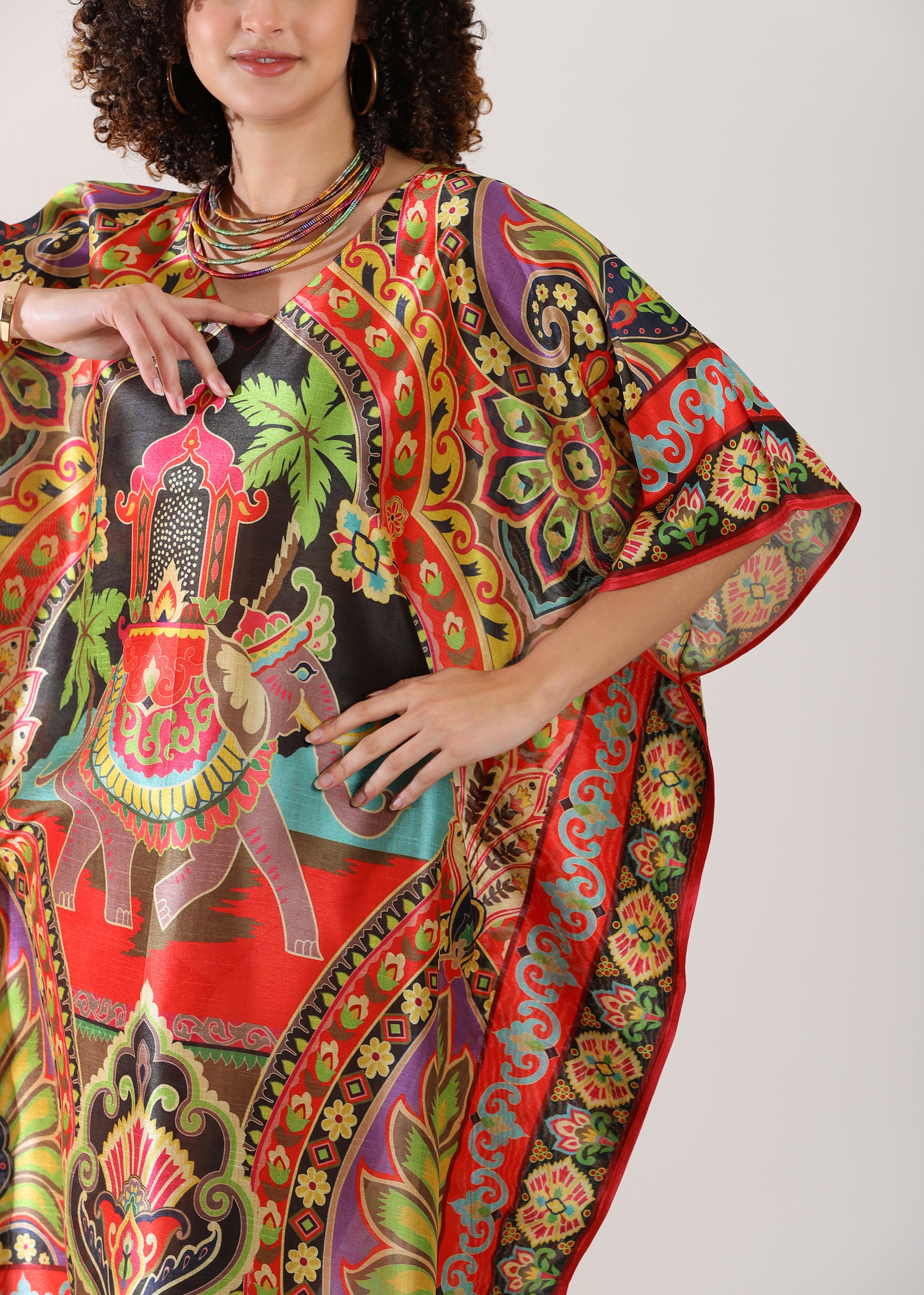 Madhubani Printed Kaftan: Viscose Silk, Calf Length, Free Size - Stylish & Chic for Women,Red and Green Base