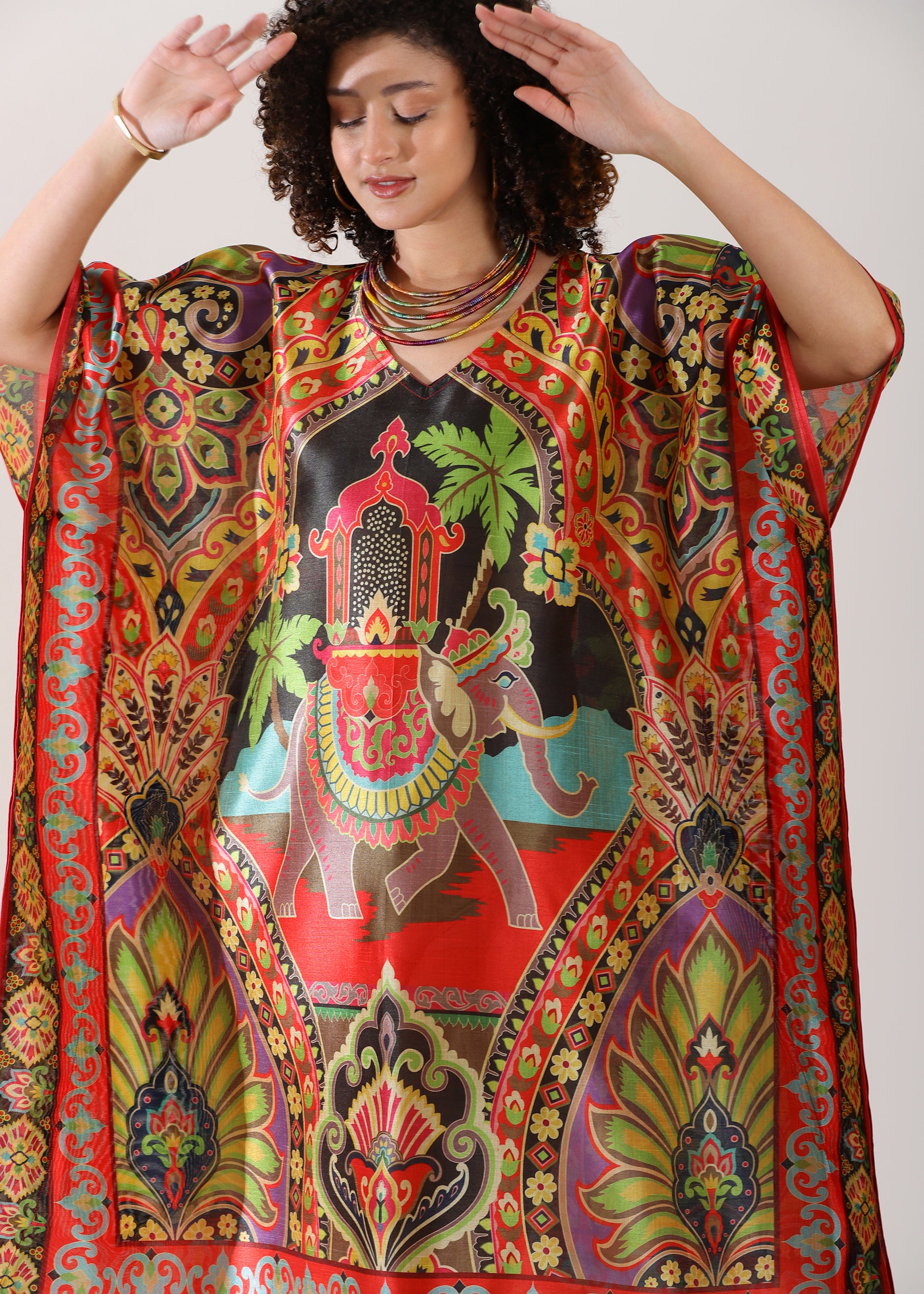 Madhubani Printed Kaftan: Viscose Silk, Calf Length, Free Size - Stylish & Chic for Women,Red and Green Base
