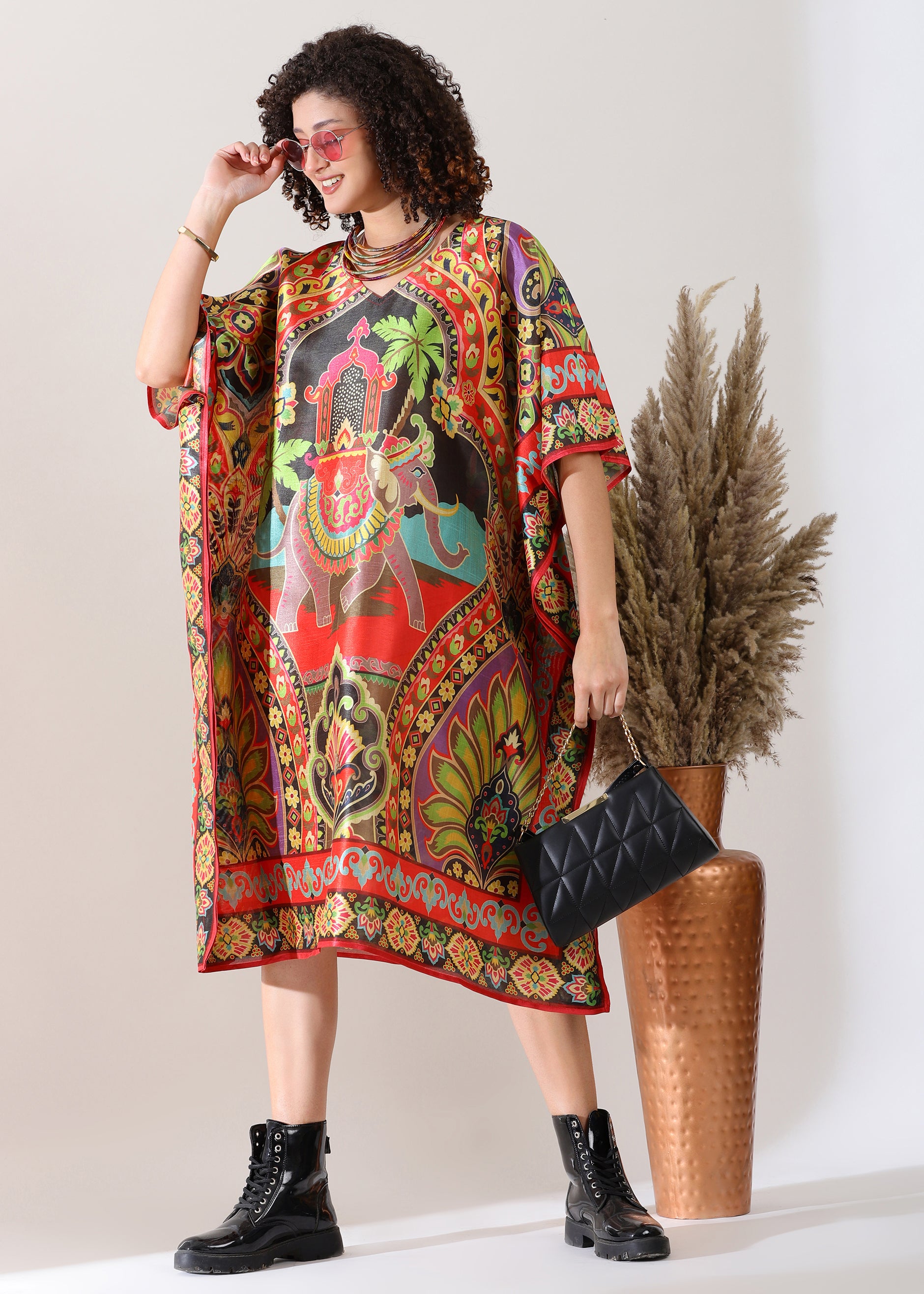 Madhubani Printed Kaftan: Viscose Silk, Calf Length, Free Size - Stylish & Chic for Women,Red and Green Base