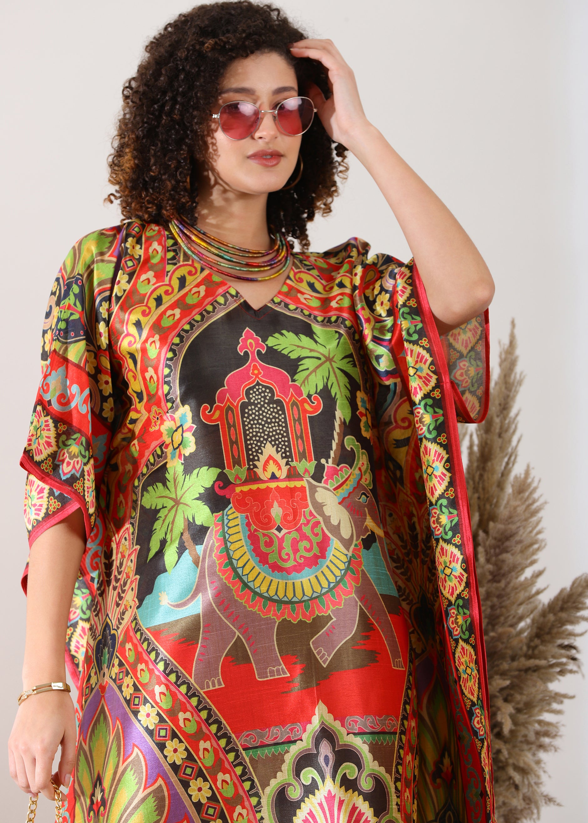 Madhubani Printed Kaftan: Viscose Silk, Calf Length, Free Size - Stylish & Chic for Women,Red and Green Base