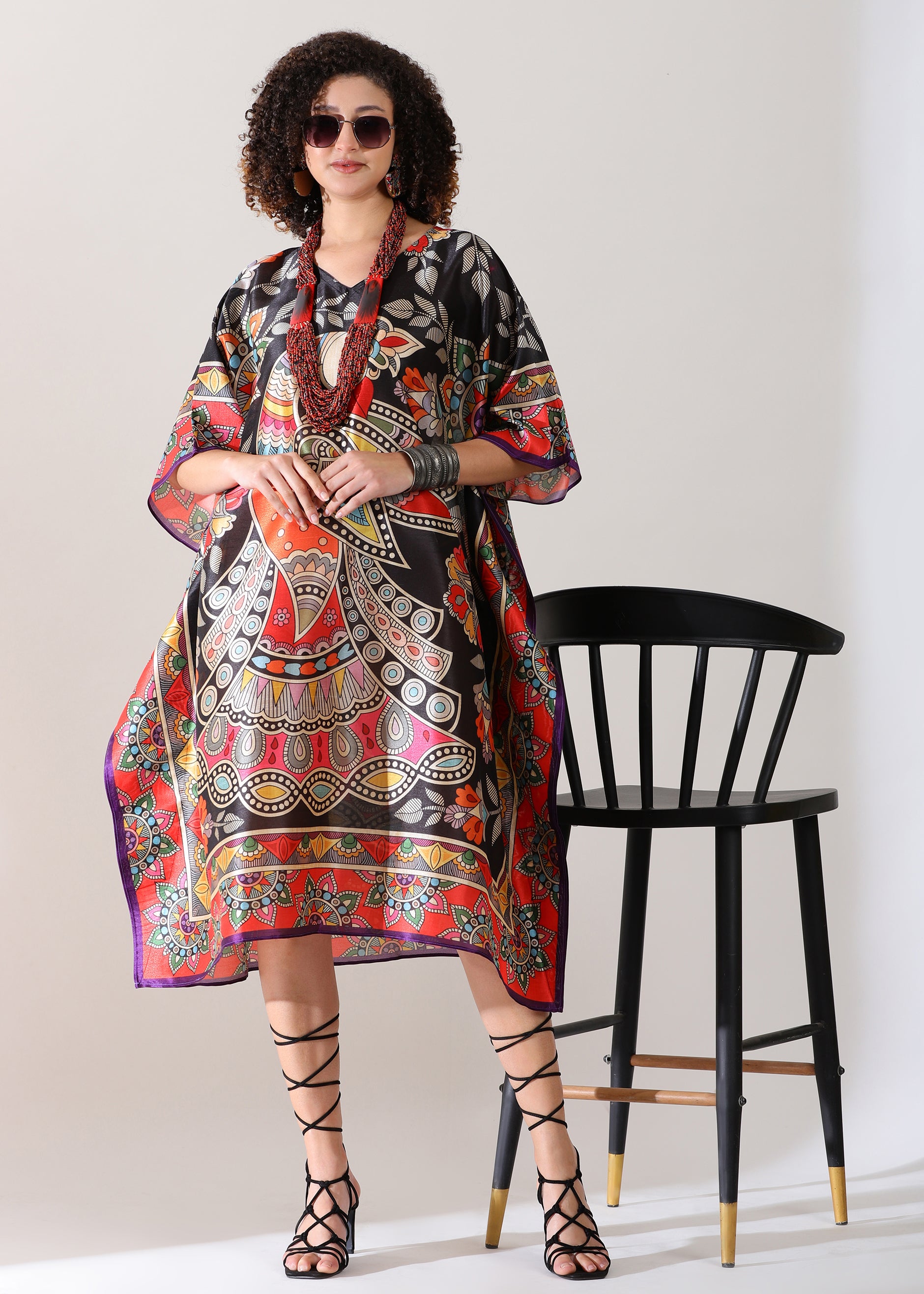 PIAAH Madhubani Printed Stitched Kaftan: Tez Black Base, Viscose Silk, Calf Length, Free Size - Stylish & Chic for Women