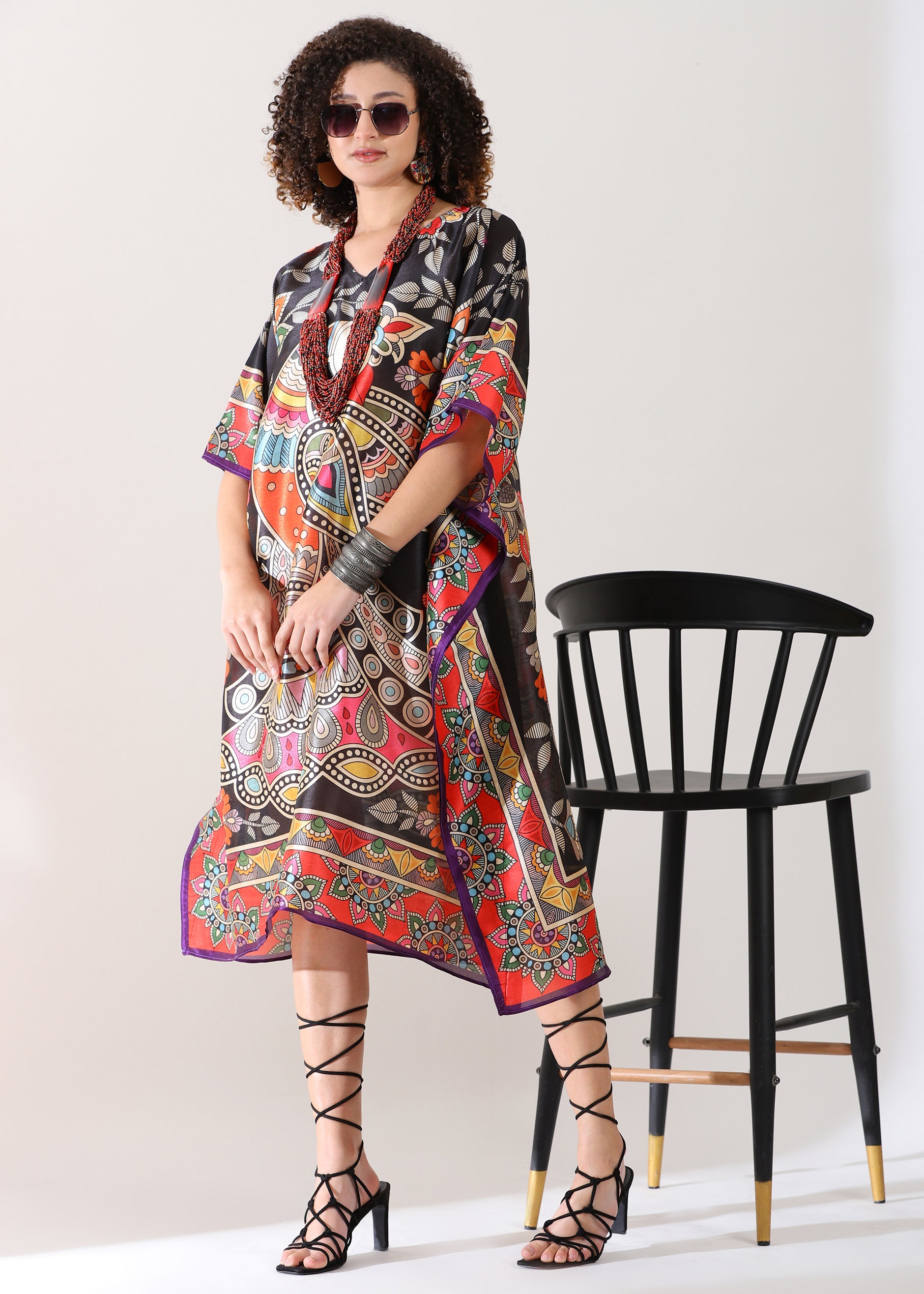 PIAAH Madhubani Printed Stitched Kaftan: Tez Black Base, Viscose Silk, Calf Length, Free Size - Stylish & Chic for Women