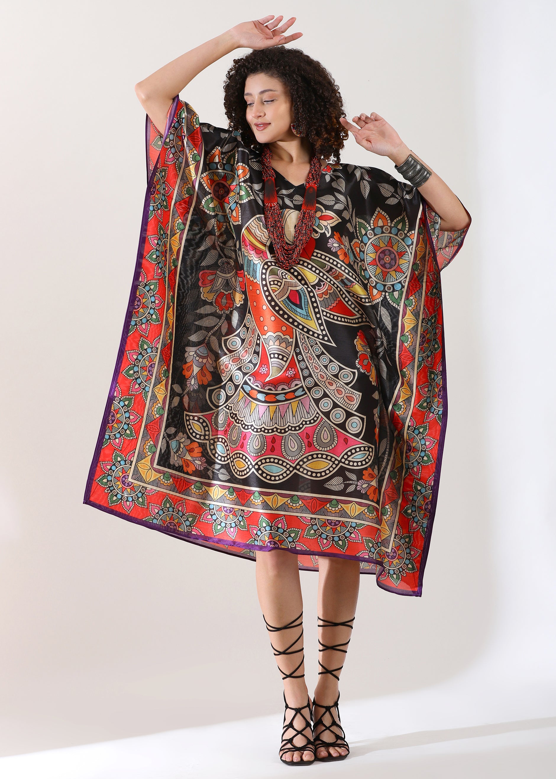 PIAAH Madhubani Printed Stitched Kaftan: Tez Black Base, Viscose Silk, Calf Length, Free Size - Stylish & Chic for Women