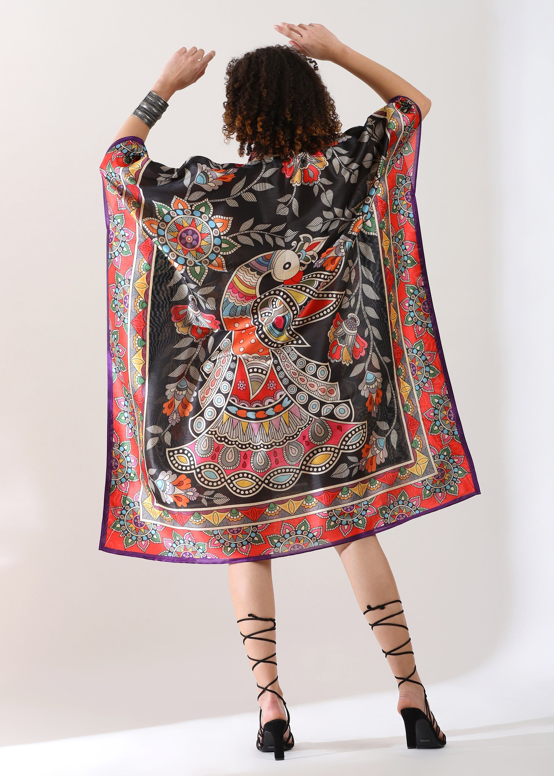 PIAAH Madhubani Printed Stitched Kaftan: Tez Black Base, Viscose Silk, Calf Length, Free Size - Stylish & Chic for Women