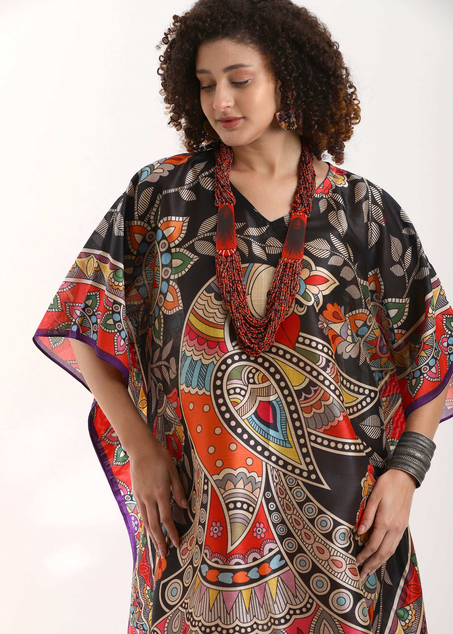 PIAAH Madhubani Printed Stitched Kaftan: Tez Black Base, Viscose Silk, Calf Length, Free Size - Stylish & Chic for Women