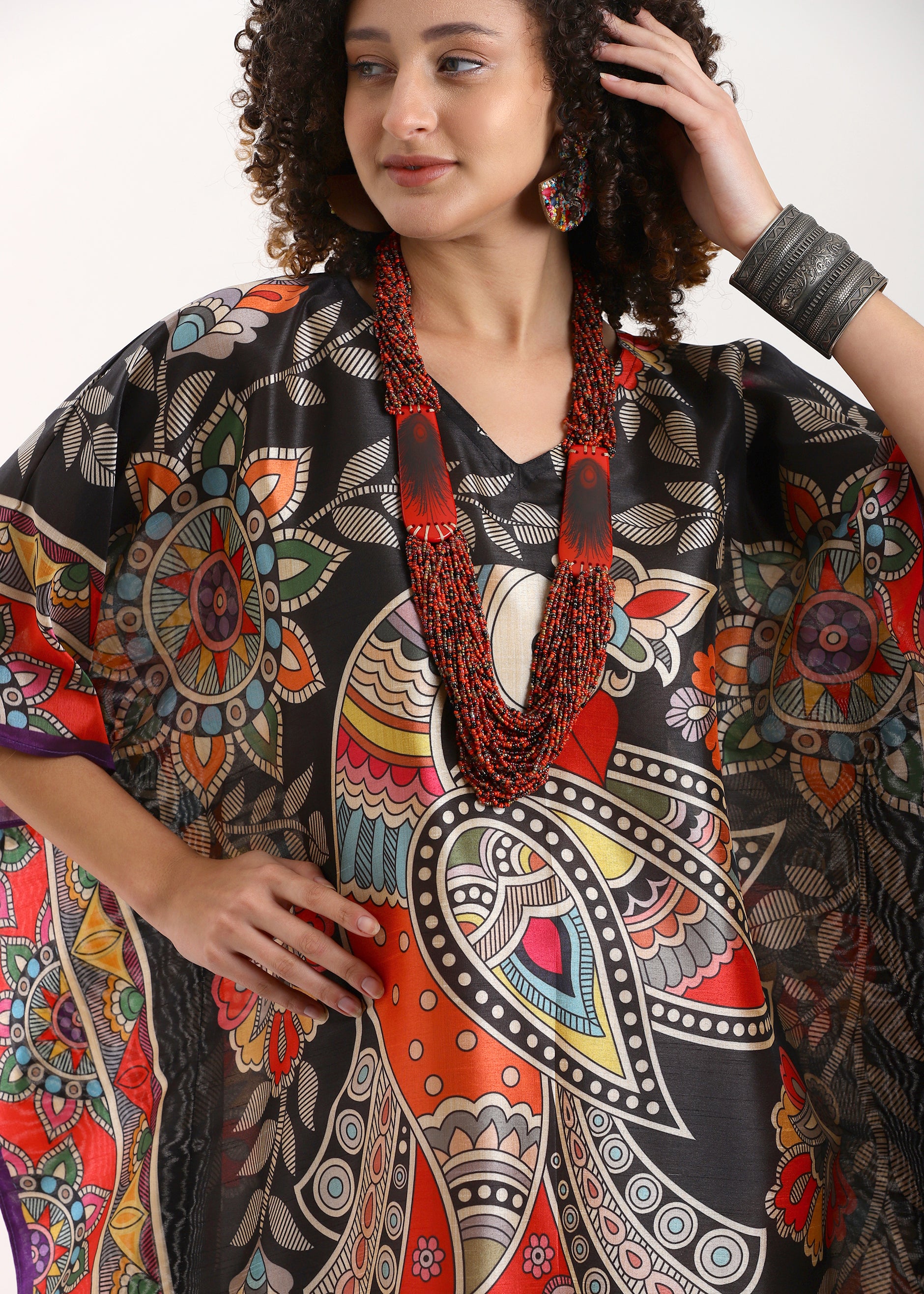 PIAAH Madhubani Printed Stitched Kaftan: Tez Black Base, Viscose Silk, Calf Length, Free Size - Stylish & Chic for Women
