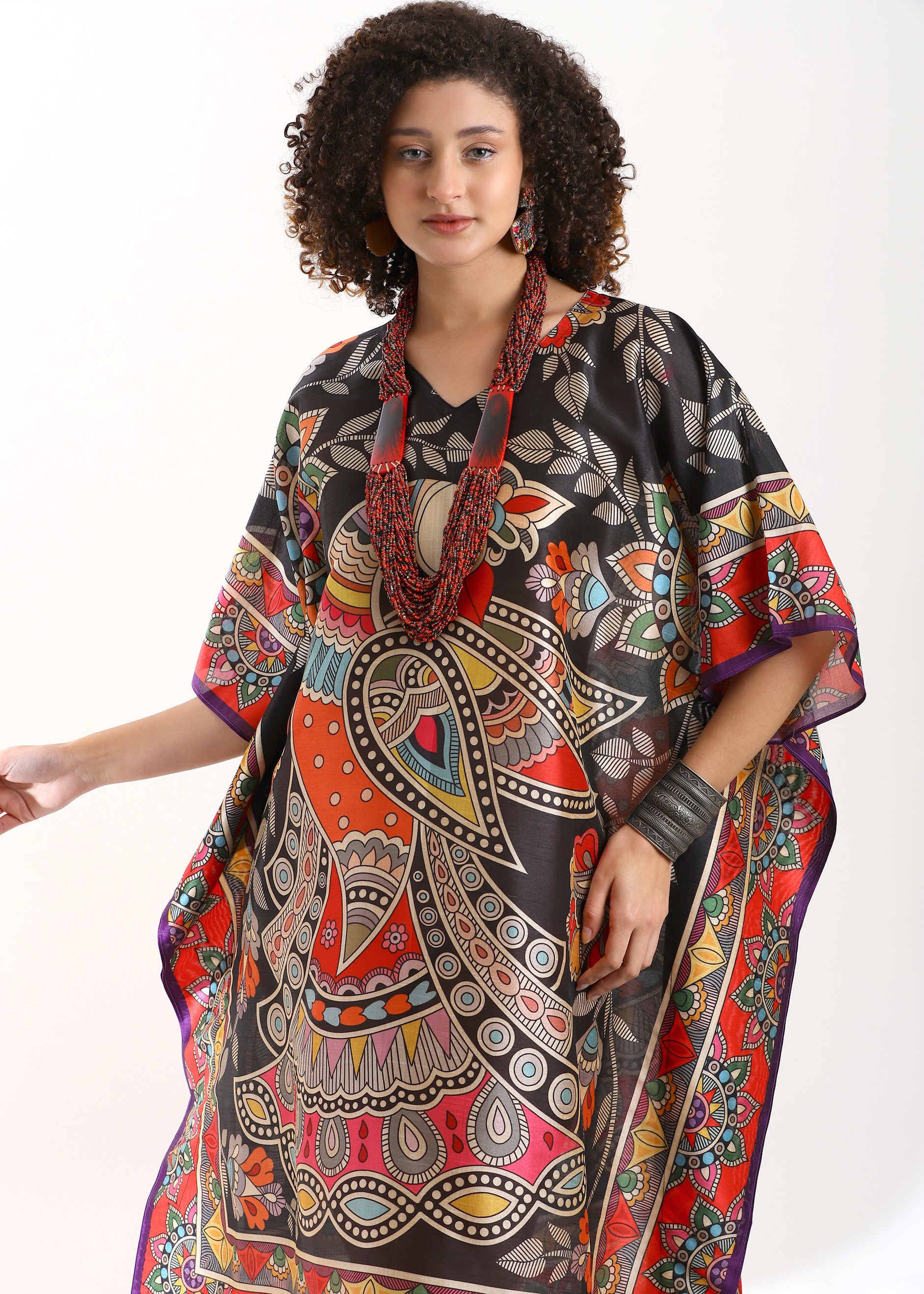 PIAAH Madhubani Printed Stitched Kaftan: Tez Black Base, Viscose Silk, Calf Length, Free Size - Stylish & Chic for Women