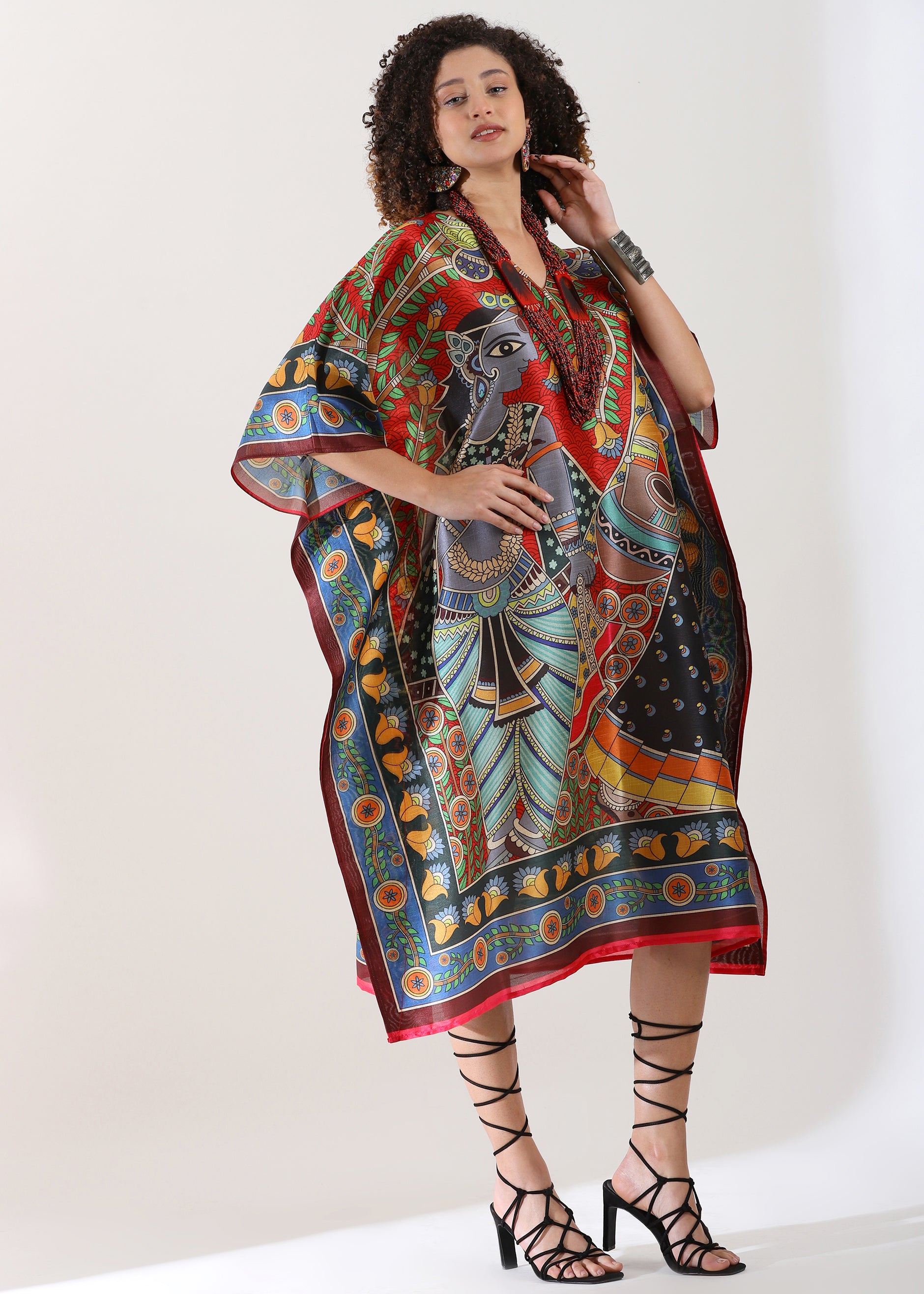 Madhubani Printed Stitched Kaftan Top : Maroon Red Viscose Silk, Calf Length, Free Size - Stylish & Chic for Women