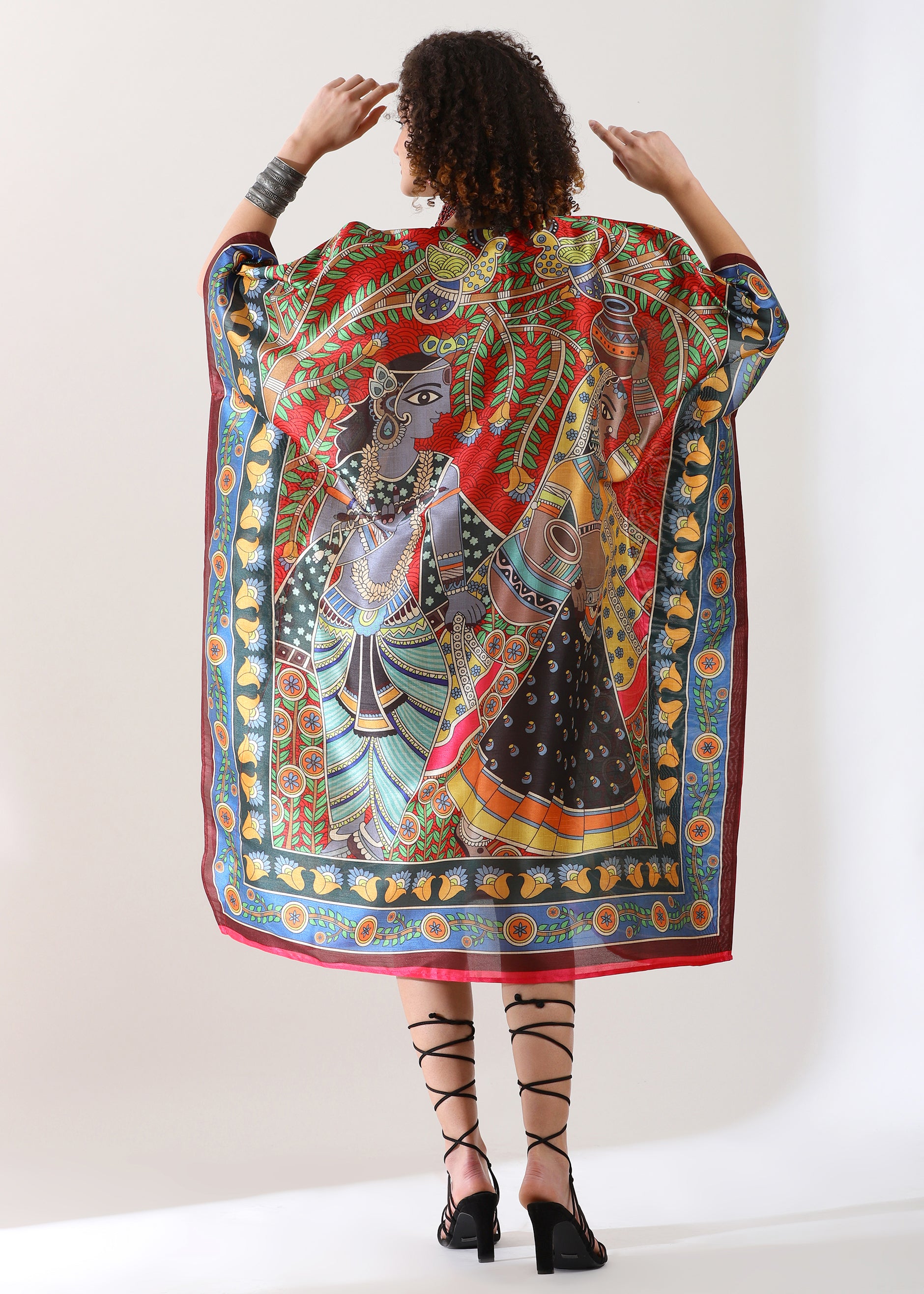 Madhubani Printed Stitched Kaftan Top : Maroon Red Viscose Silk, Calf Length, Free Size - Stylish & Chic for Women